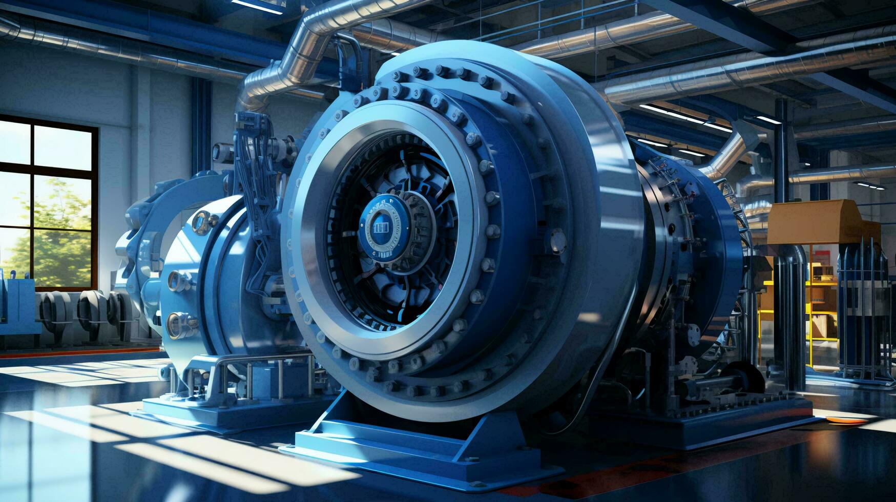 Liquid transfer pump with asynchronous electric motor, modern chemical industrial equipment in an oil refinery petrochemical plant. AI generated photo