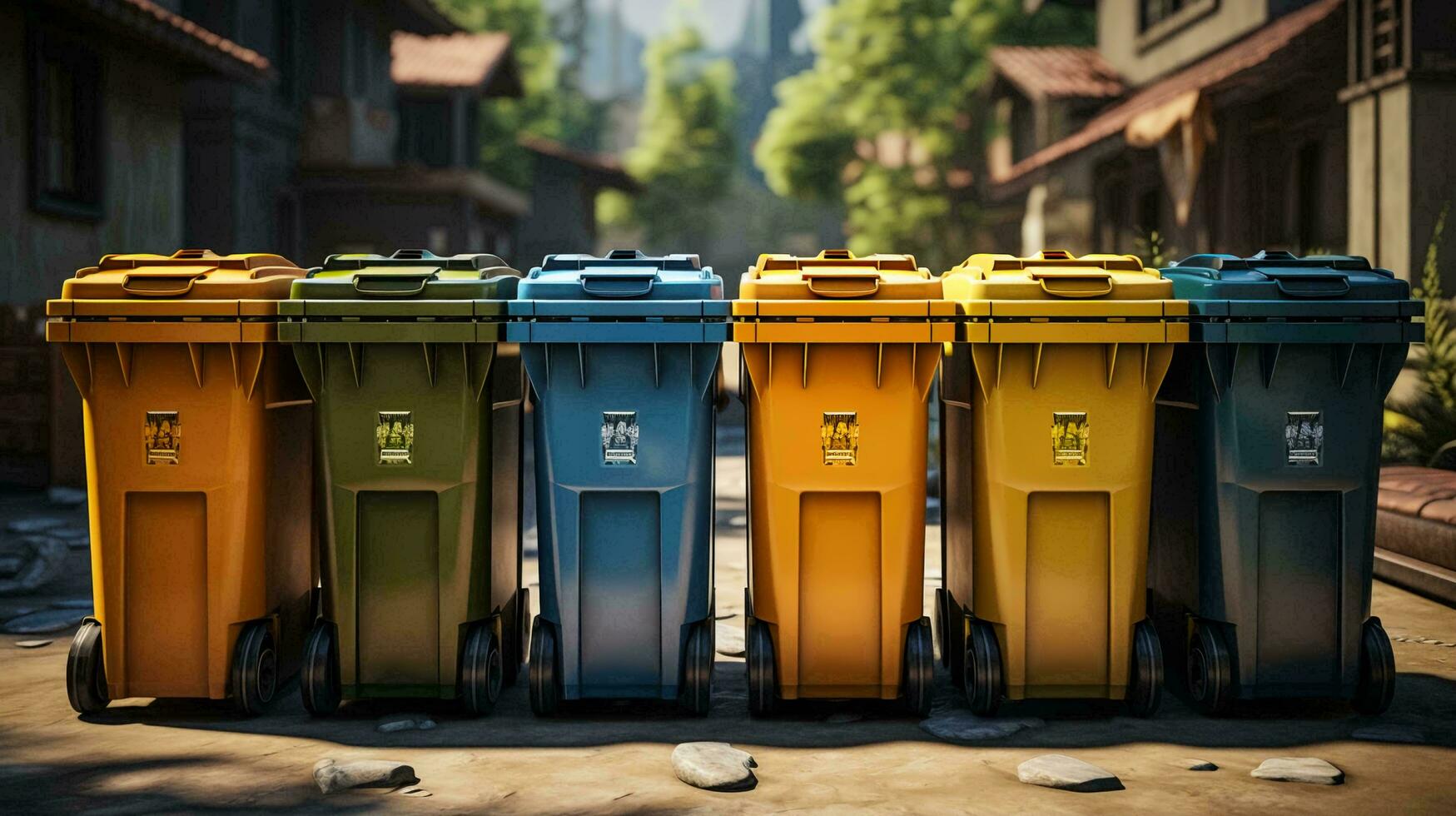 Multi-colored garbage containers. The concept of recycling, separate waste collection to improve the environment. AI generated photo