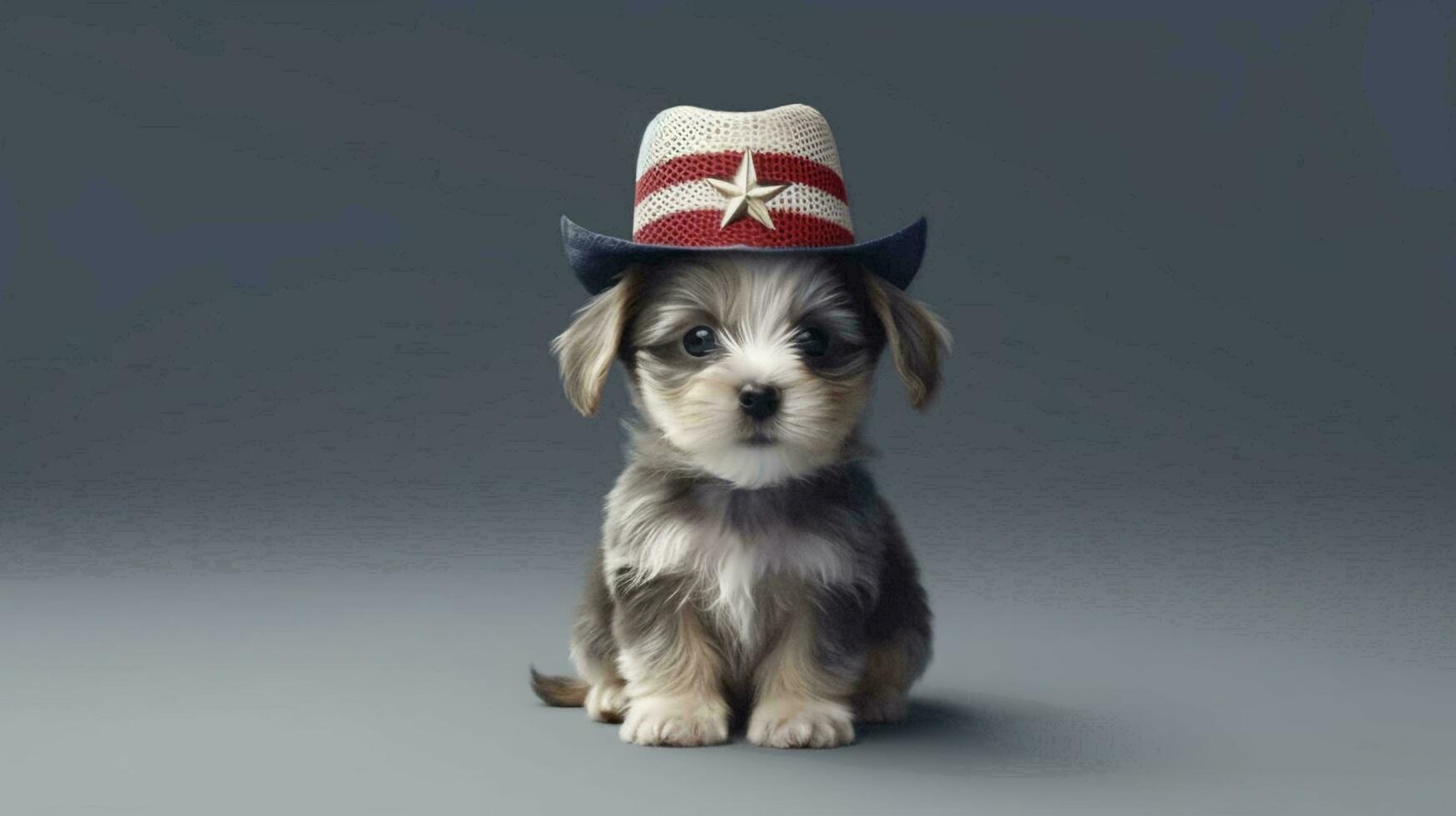 A small puppy sits in a hat the color of the American flag. Concept postcard with a dog for USA Independence Day. AI generated photo