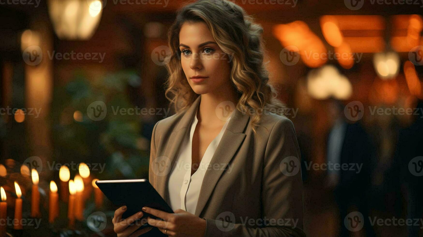 Beautiful businesswoman is working in the office with a tablet. AI generated photo