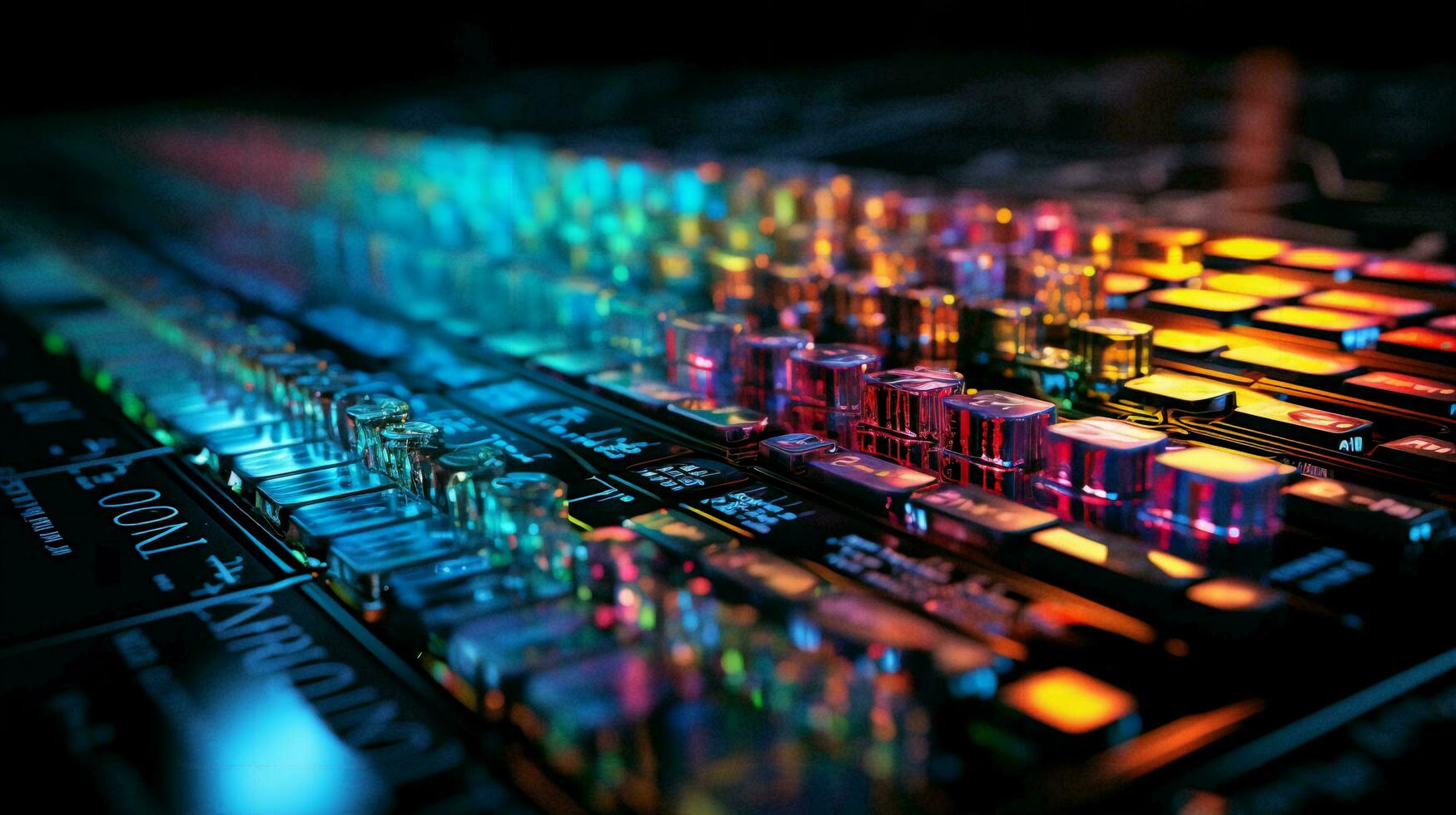 Computer futuristic high tech circuit board with microcircuits and electronic chips with transistors and resistors. AI generated photo