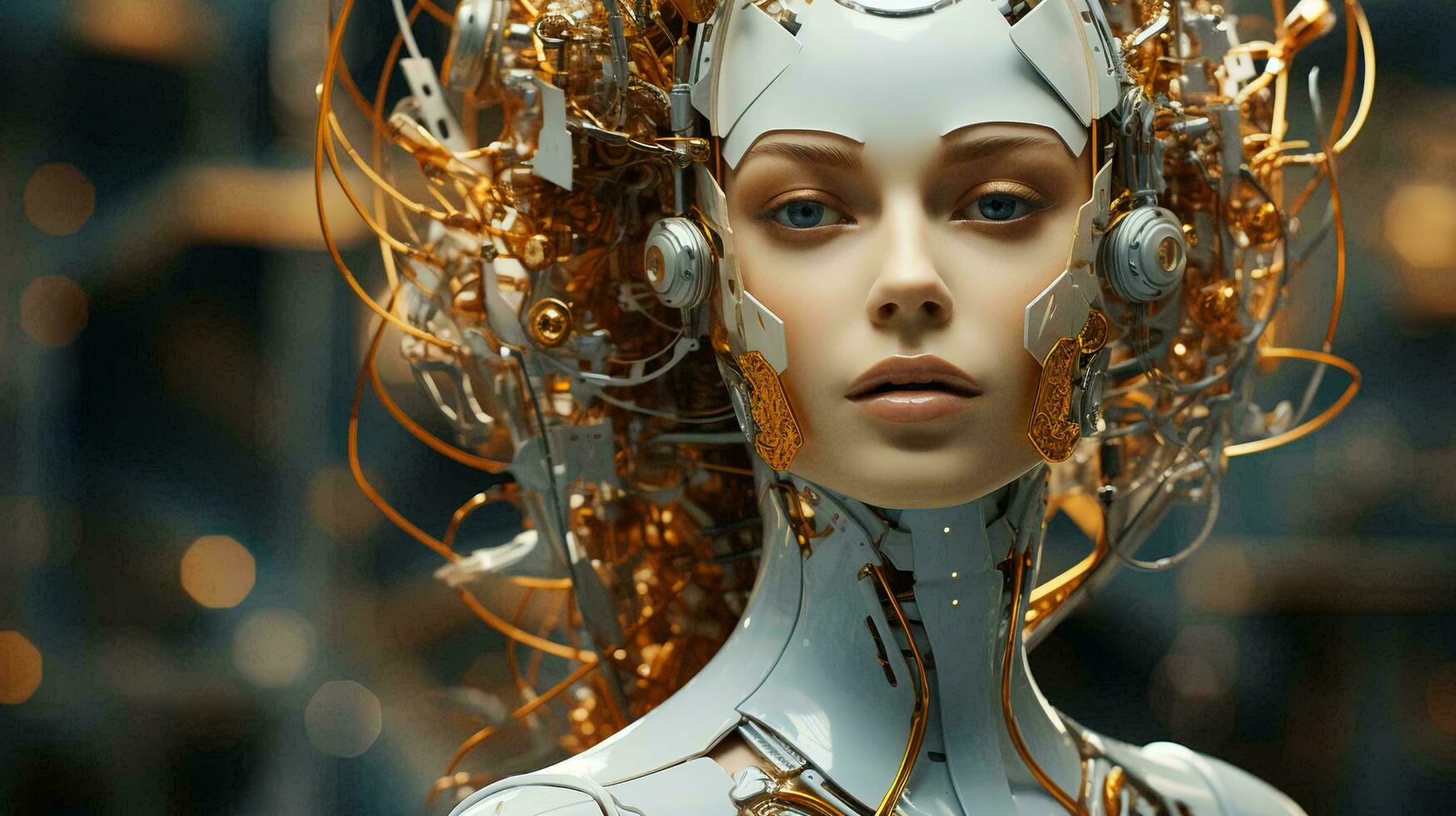 el cara de un cyborg robot mujer, un mezcla de humano y computadora artificial inteligencia. ai generado foto