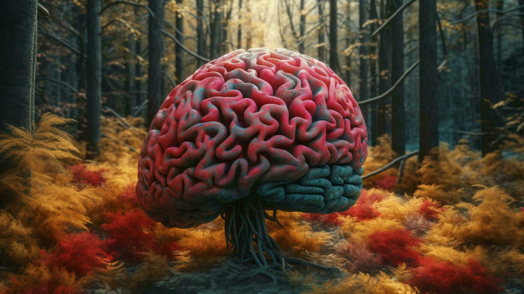 resumen humano cerebro hecho en el formar de hojas y natural arboles y plantas. el concepto de el unidad de hombre y el naturaleza de el ambiente. ai generado foto