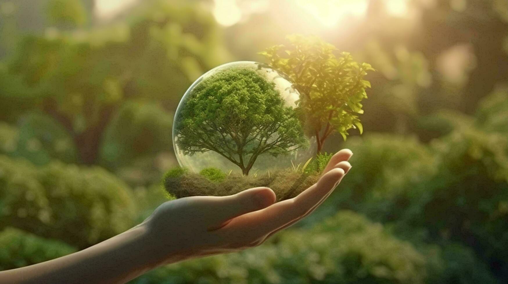 Green natural eco-friendly tree in a glass sphere in hand against the backdrop of nature. The concept of green energy, ecology, environmental protection. AI generated photo