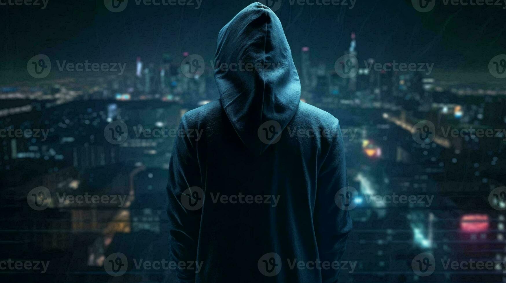 Hacker computer cybercriminal criminal with a jacket and a hood on the background of a big city at night. Concept computer data security. AI generated photo