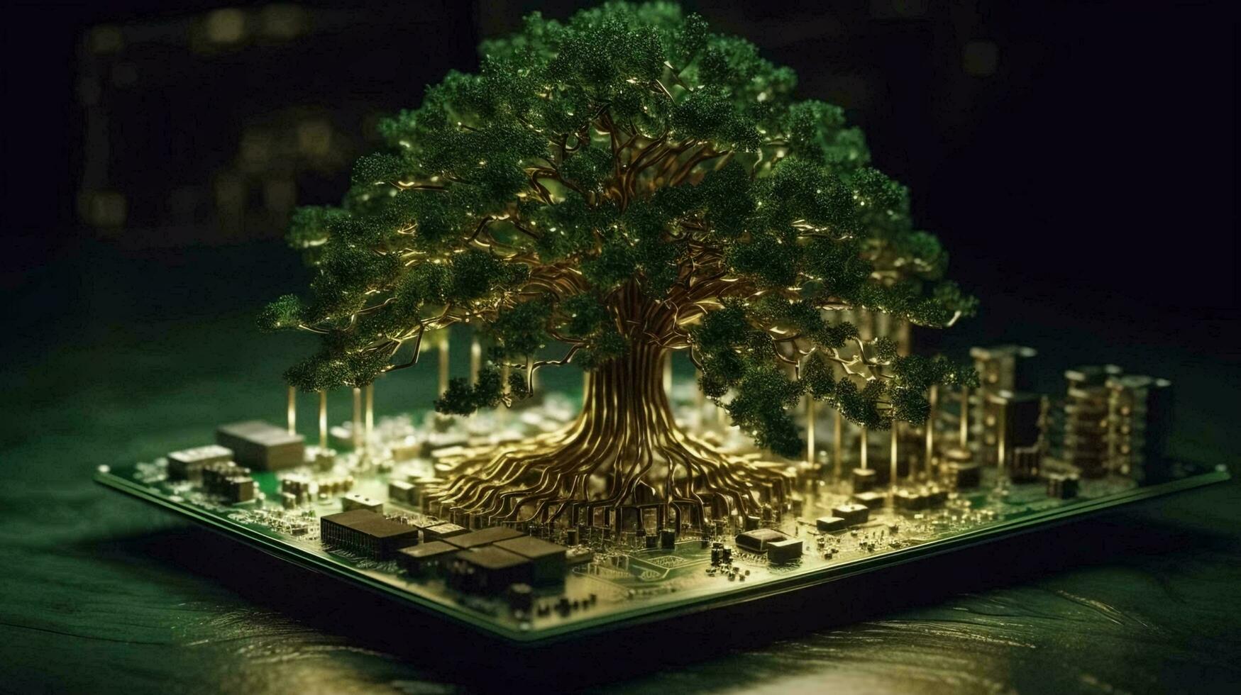 Green natural eco-friendly tree and computer technology on an abstract high-tech futuristic background of microchips and computer circuit boards with transistors. AI generated photo