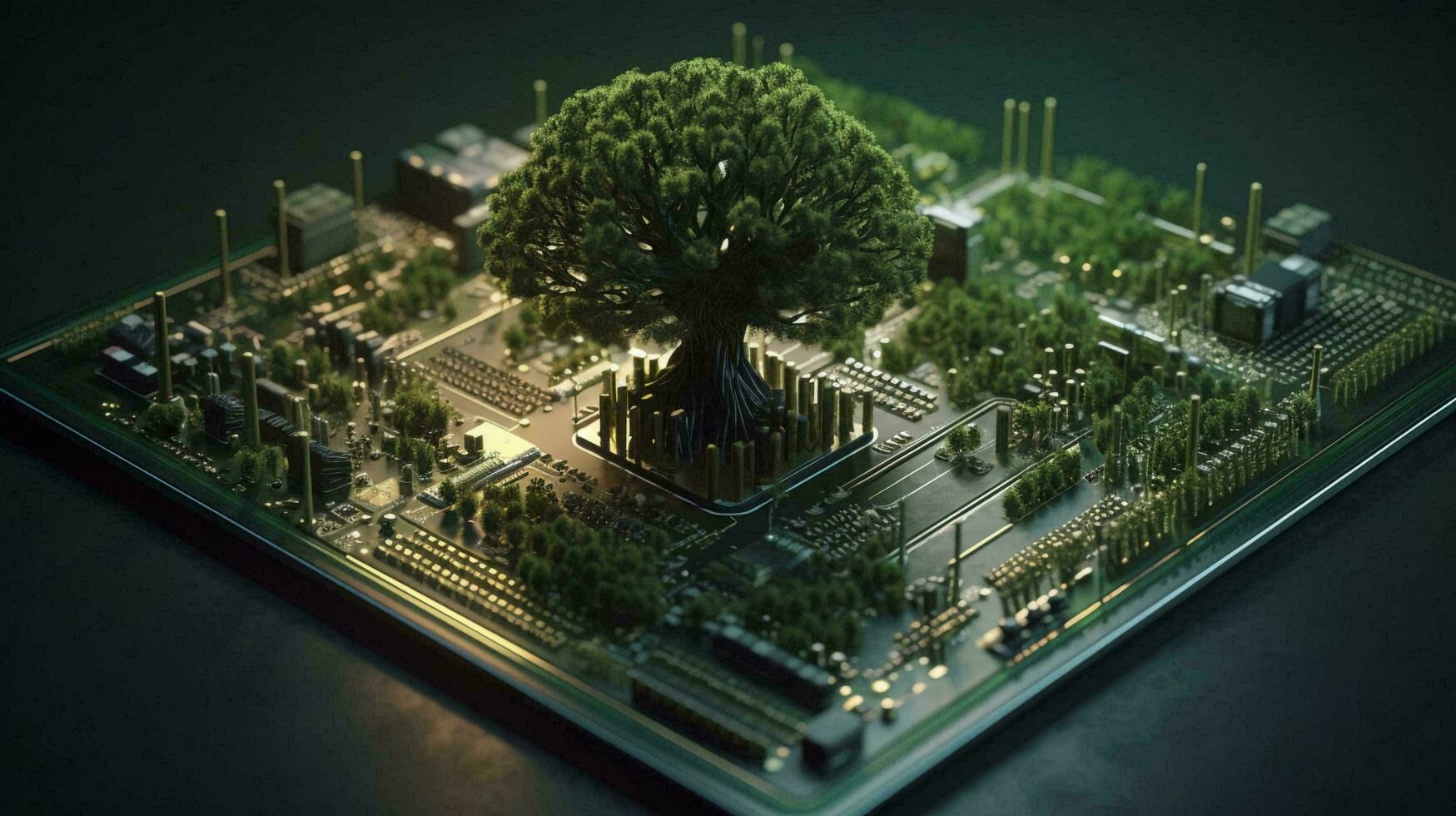 Green natural eco-friendly tree and computer technology on an abstract high-tech futuristic background of microchips and computer circuit boards with transistors. AI generated photo