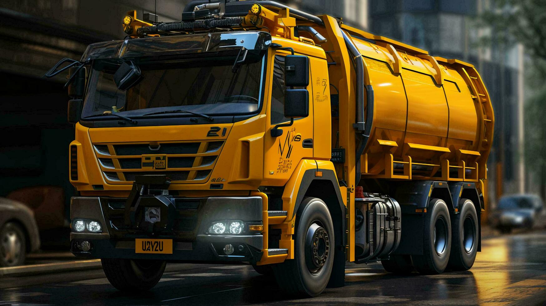 Yellow garbage truck with waste. The concept of recycling, separate waste collection to improve the environment. AI generated photo