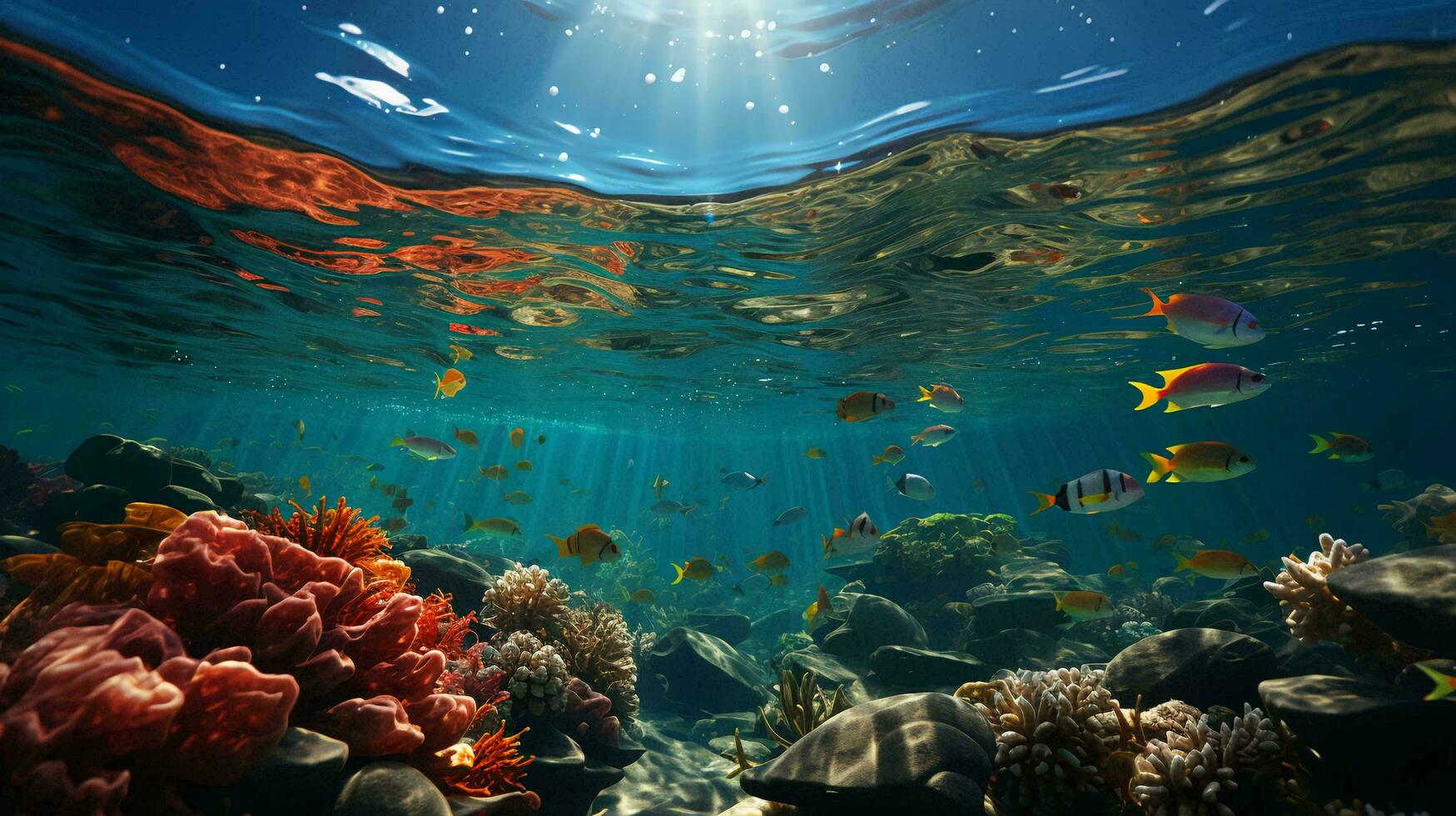 Underwater world with fish and corals. Underwater view of mari fishes and plants. AI generated photo