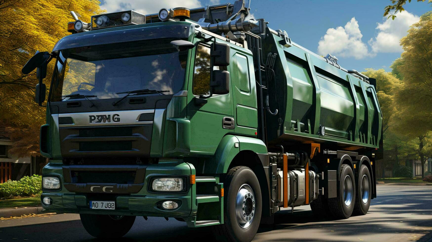 Green garbage truck with waste. The concept of recycling, separate waste collection to improve the environment. AI generated photo