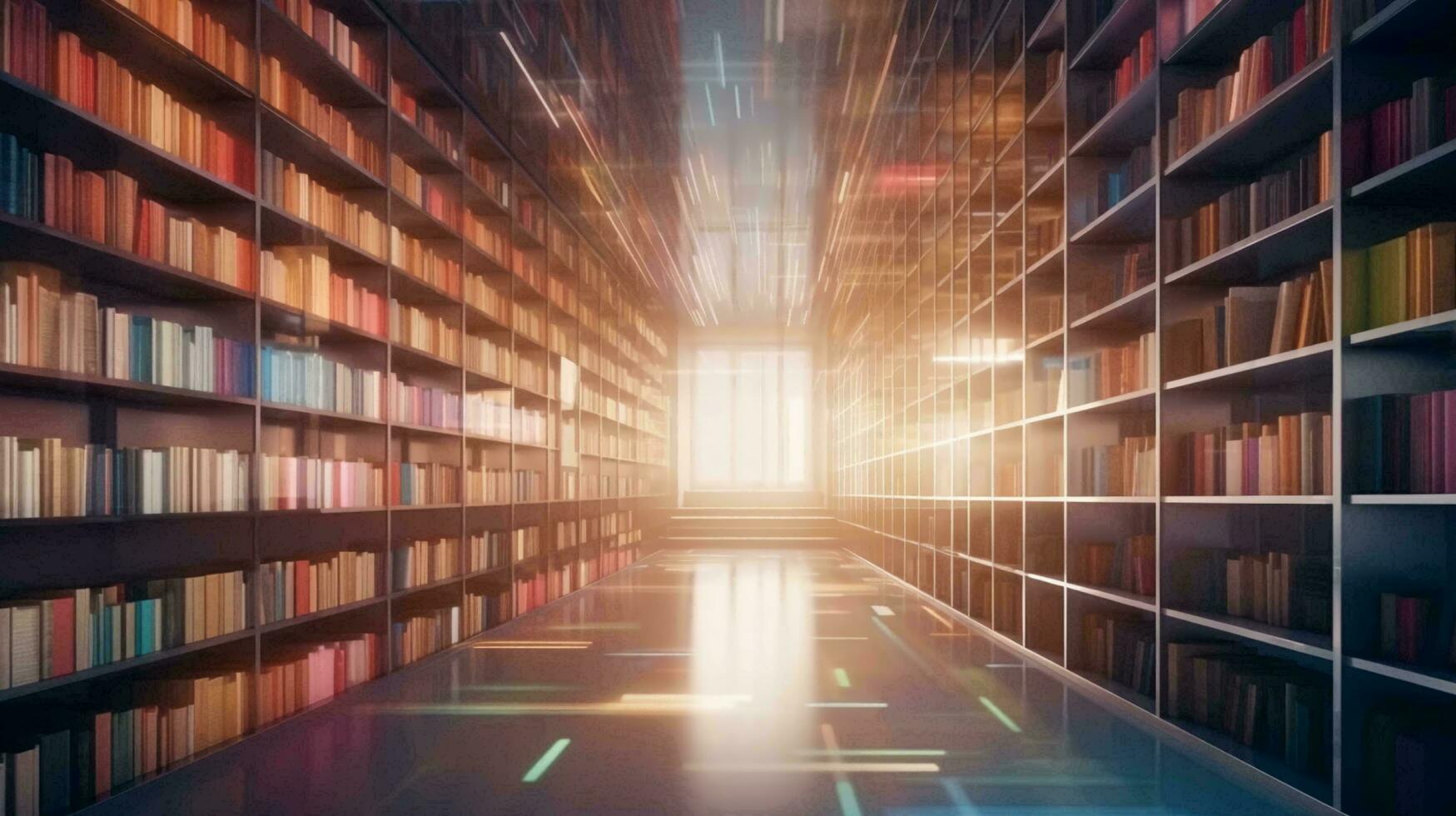 Large library with many books and bookshelves for learning with knowledge. AI generated photo