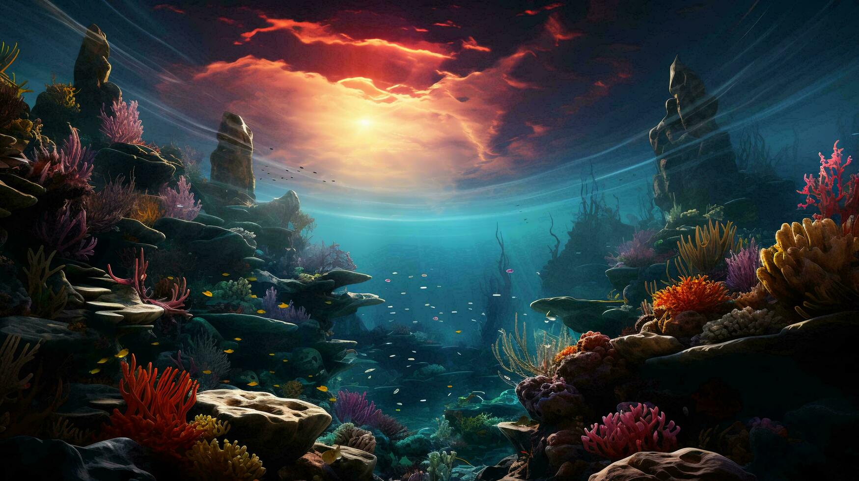 Underwater world with fish and corals. Underwater view of mari fishes and plants. AI generated photo