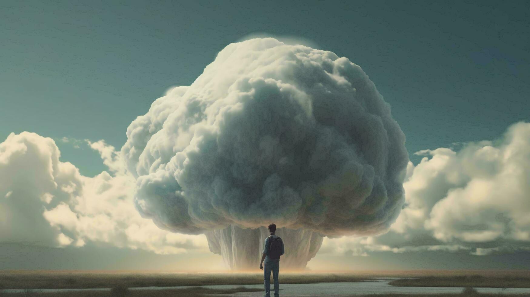 A man stands in front of a large dusty cloud after an explosion in the desert. AI generated photo