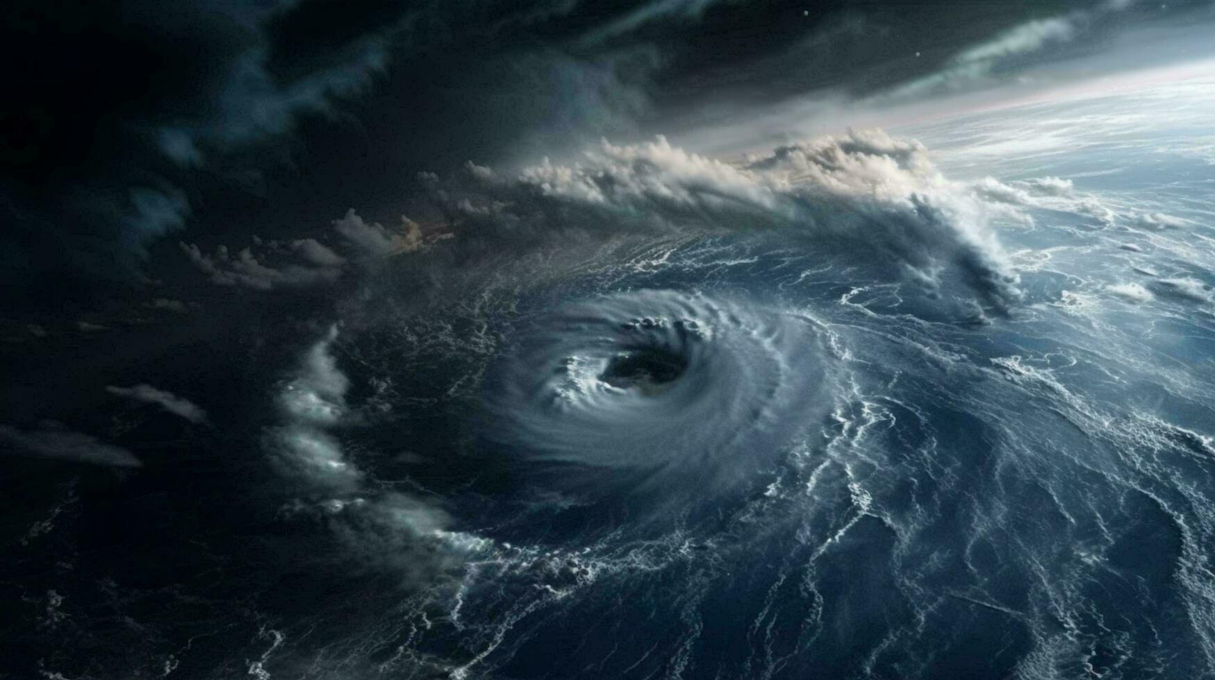 View from space from above on a hurricane tornado swirl of clouds and wind, a storm front of bad weather and natural disaster. AI generated photo