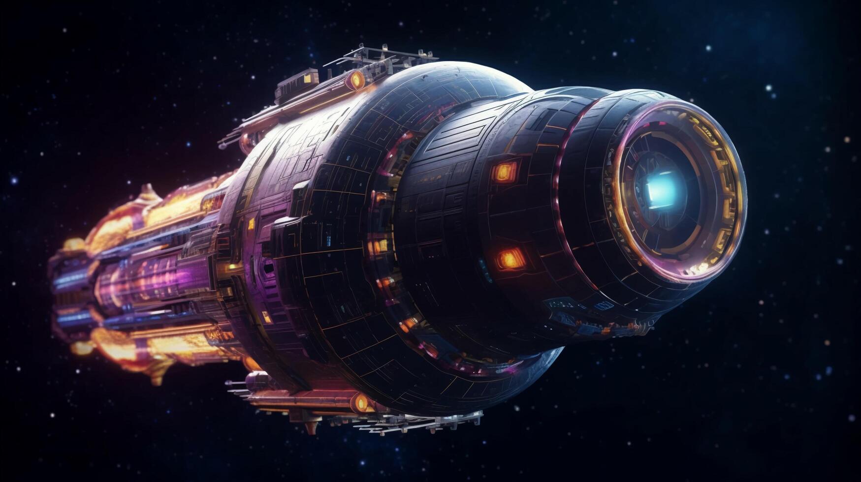 Spaceship shuttle a futuristic high-tech star cruiser flies in open space on a black background of the universe and stars. photo