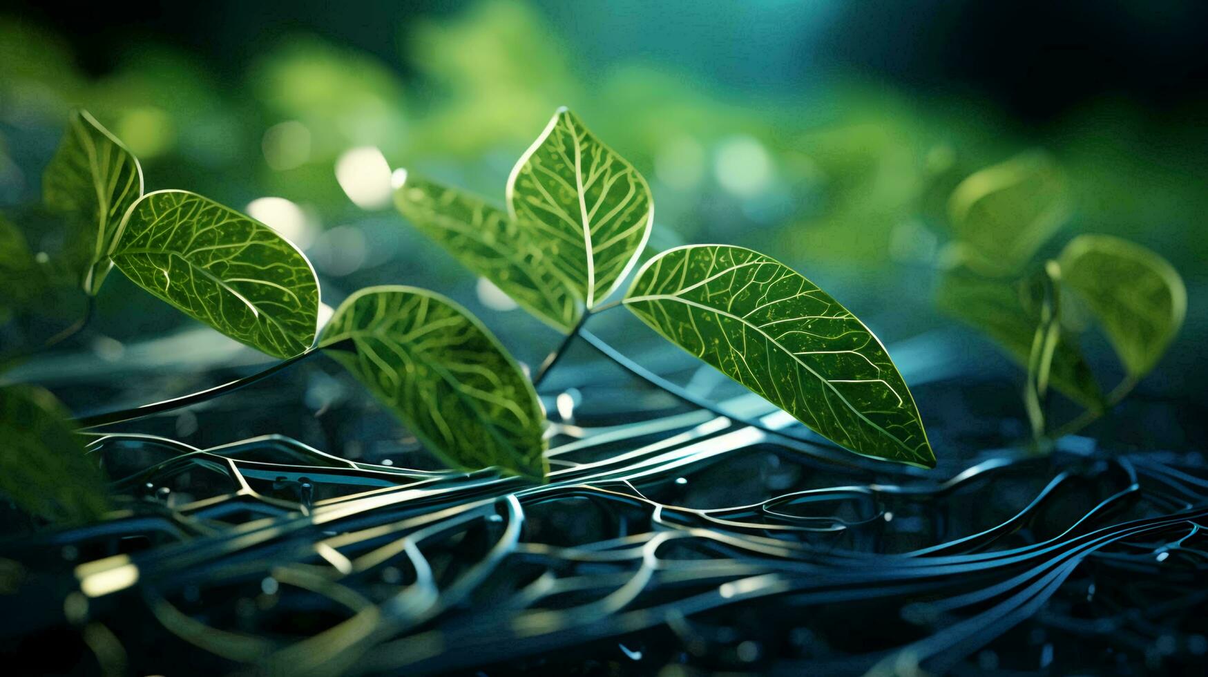 Green plants and grass on a computer board with microchips and microchips transistors and resistors. Computer electronics and technology and the harmony of modern technology and nature. AI generated photo