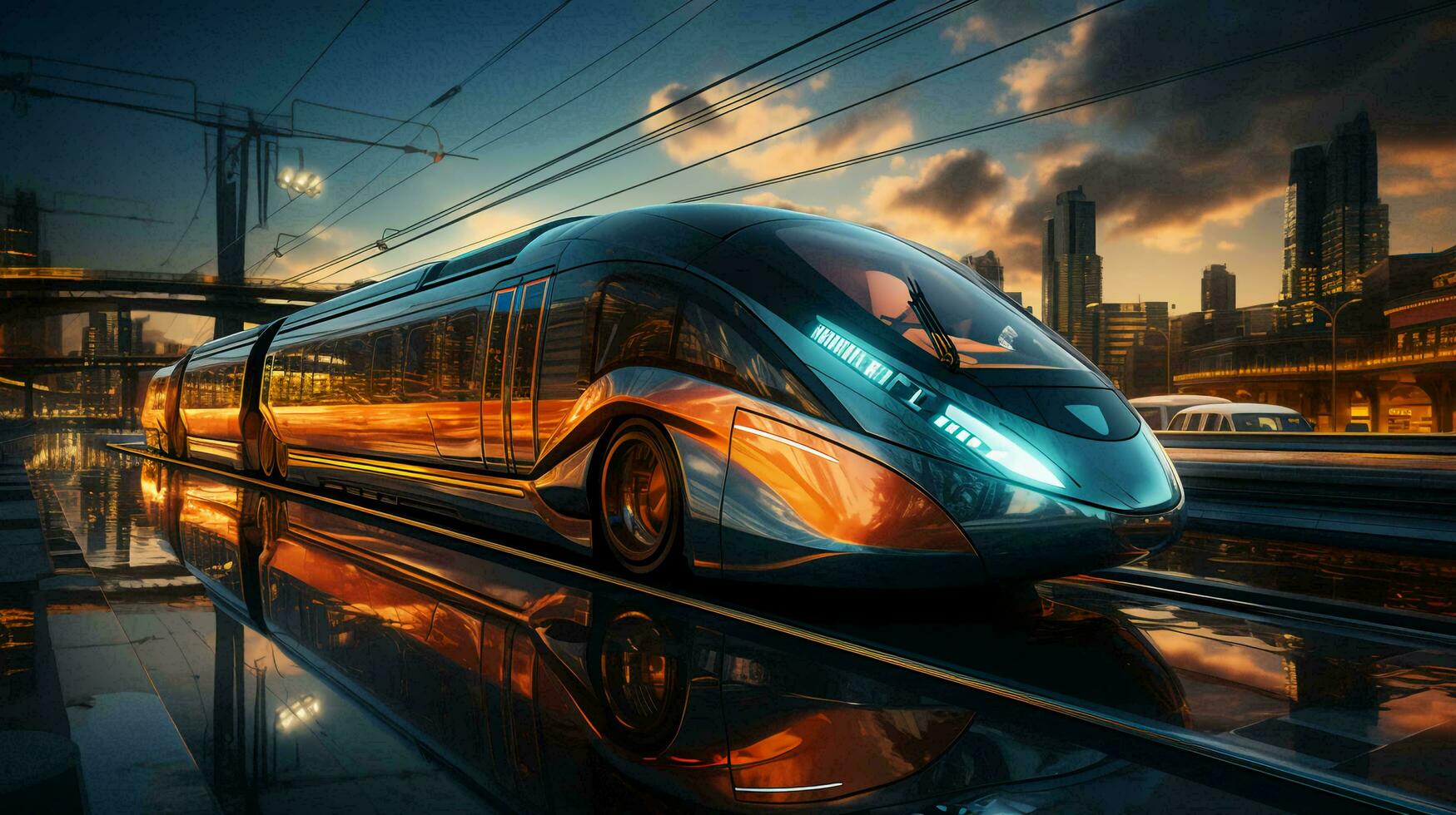 A high speed modern train rides on rails and delivers goods and people by rail. AI generated photo
