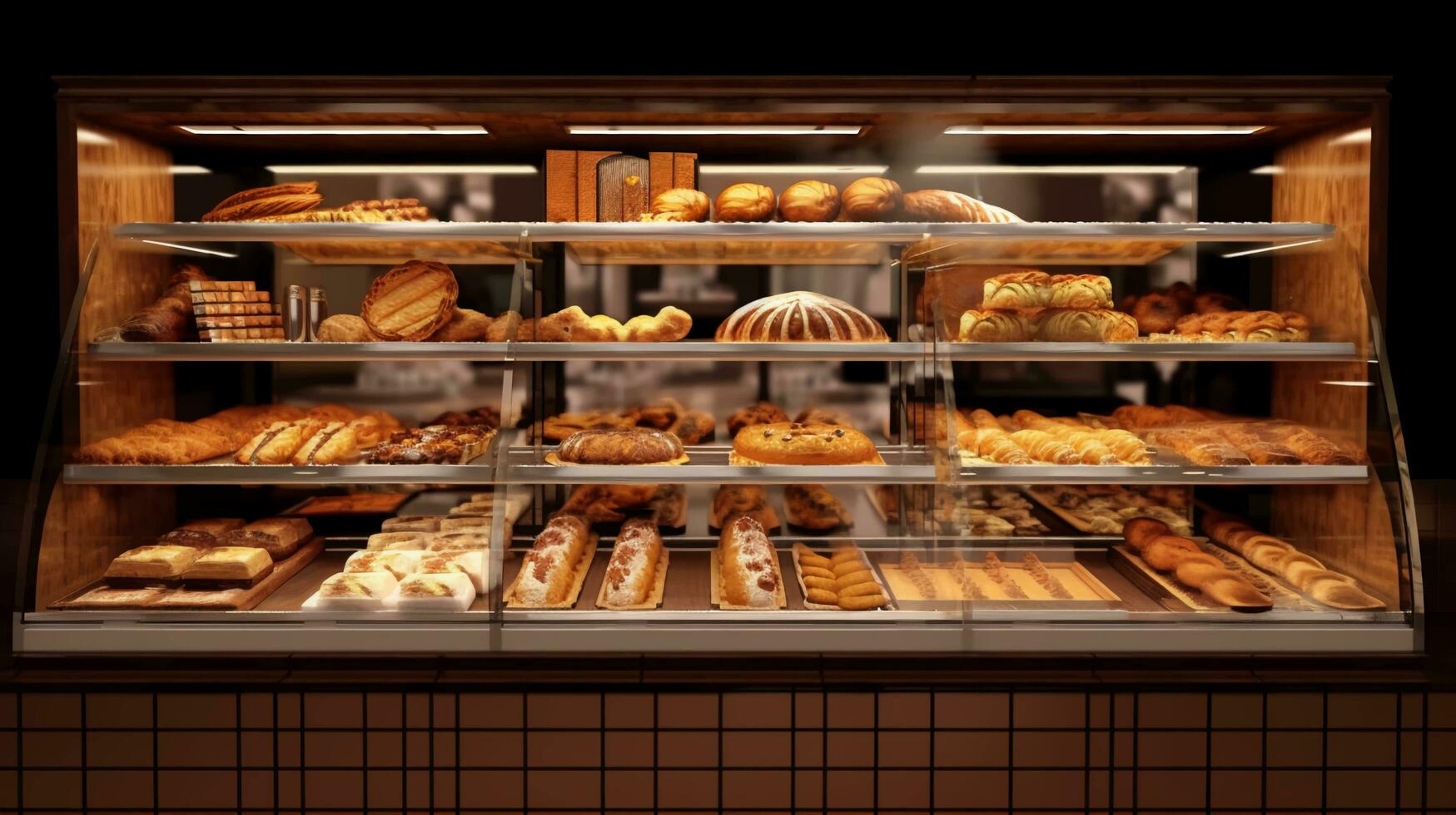 Bakery showcase with delicious fresh pastries, buns, bread, long loaf and cakes. Perarni or coffee shop counter with appetizing goods laid out. AI generated photo