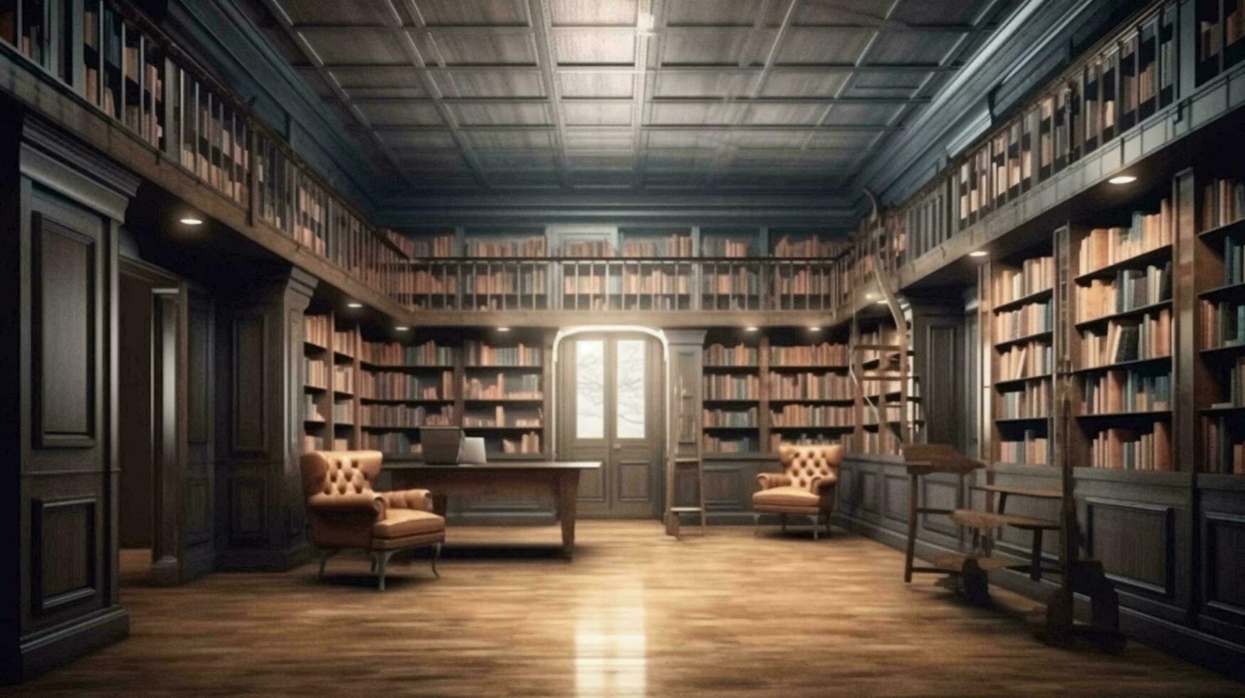 Large library with many books and bookshelves for learning with knowledge. AI generated photo