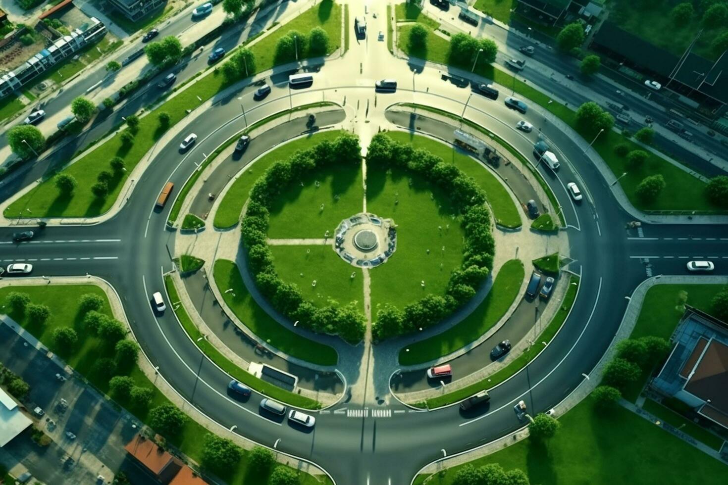 Aerial top view of a roundabout in the middle of a green city photo