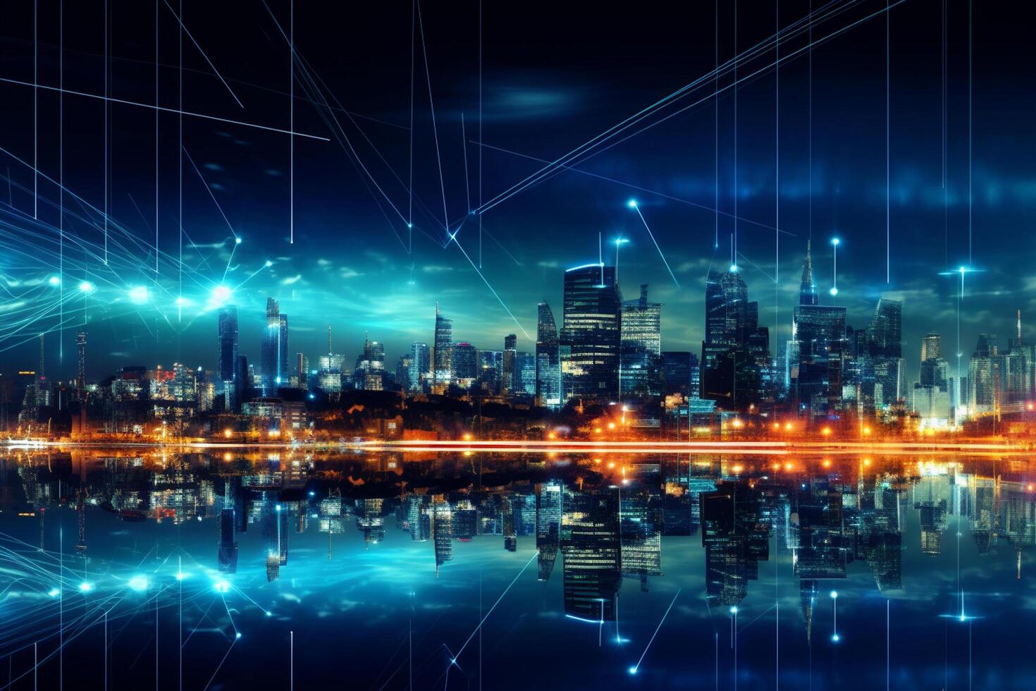 Smart city with internet network and high-rise buildings at night. photo