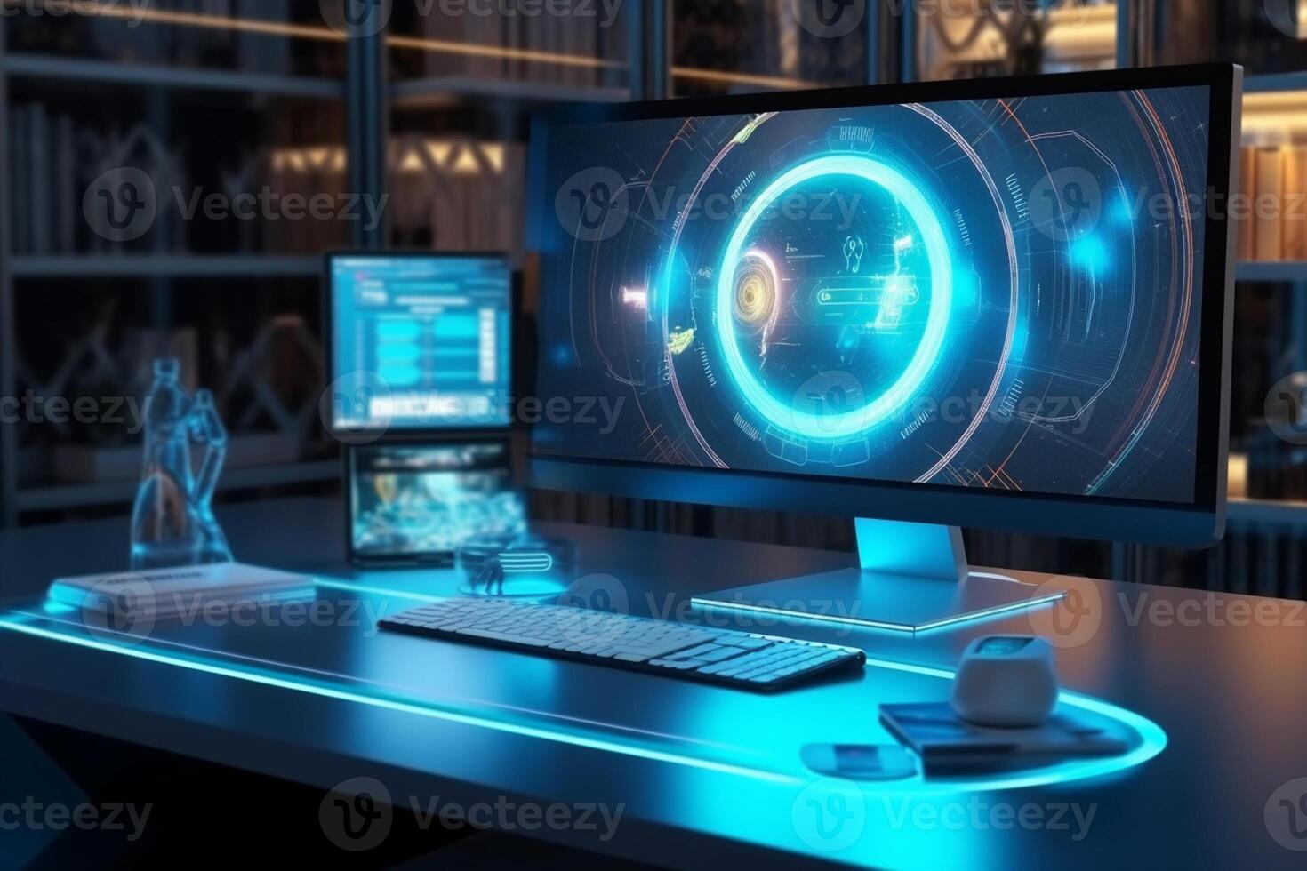 Interior of a control room with computers and screens. 3D rendering photo