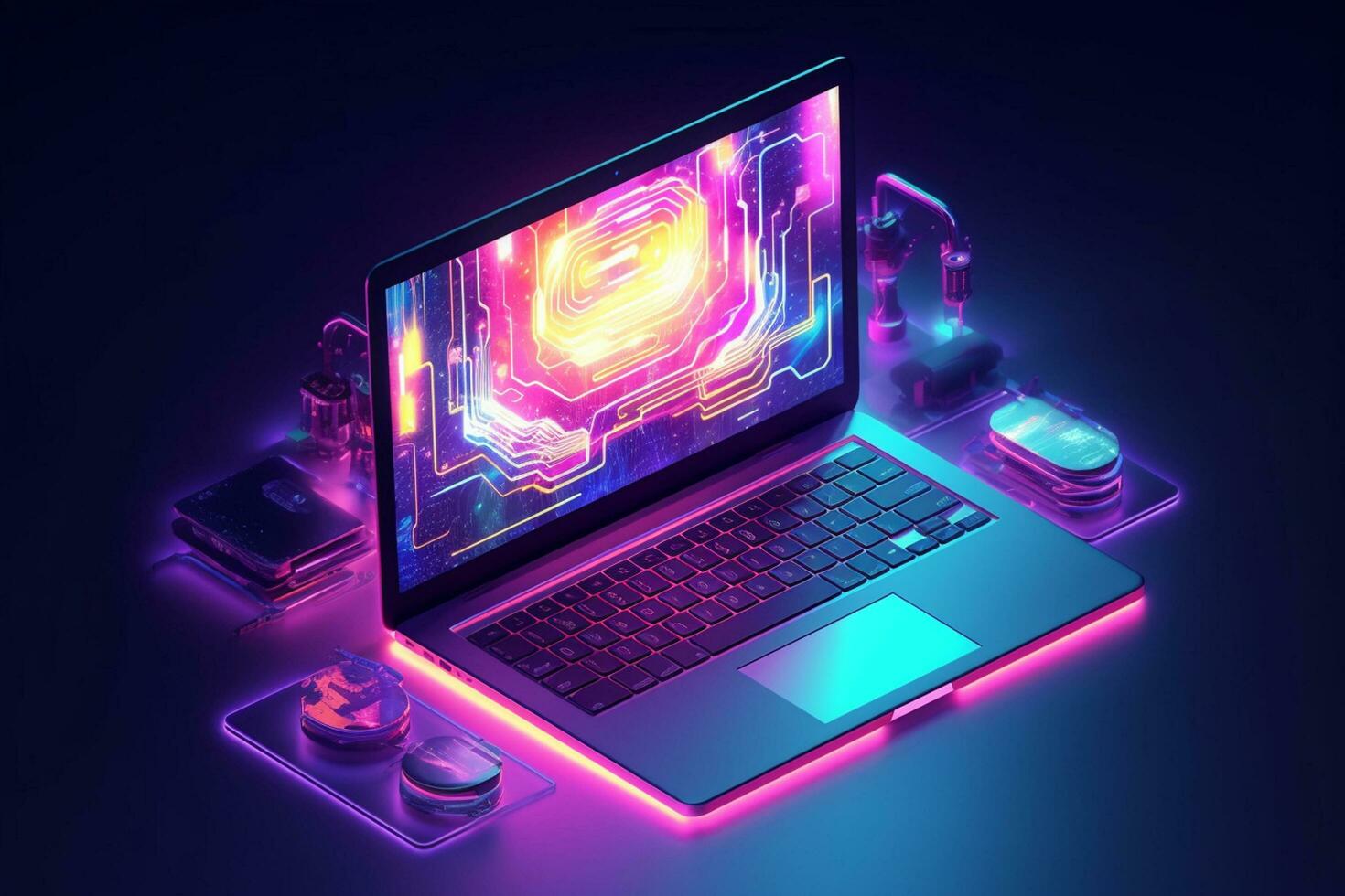 Isometric laptop with a circuit board on the background of the city. Vector illustration. photo