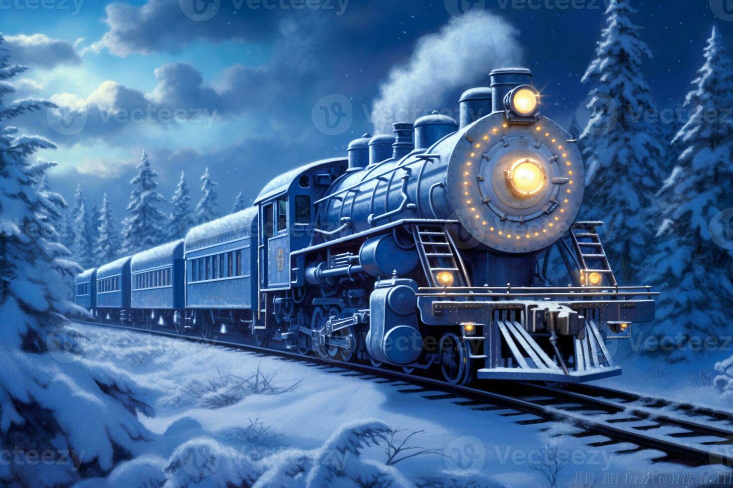 vapor locomotora en el invierno bosque. 3d ilustración. digital cuadro. ai generado foto