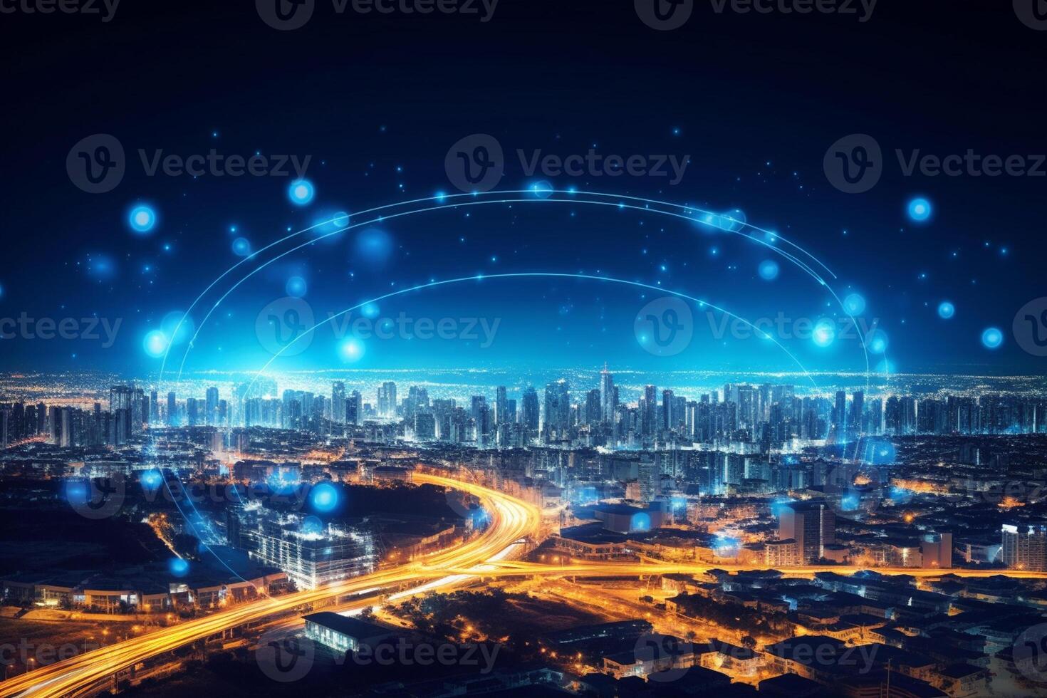 Modern city at night with connection lines on the background. photo