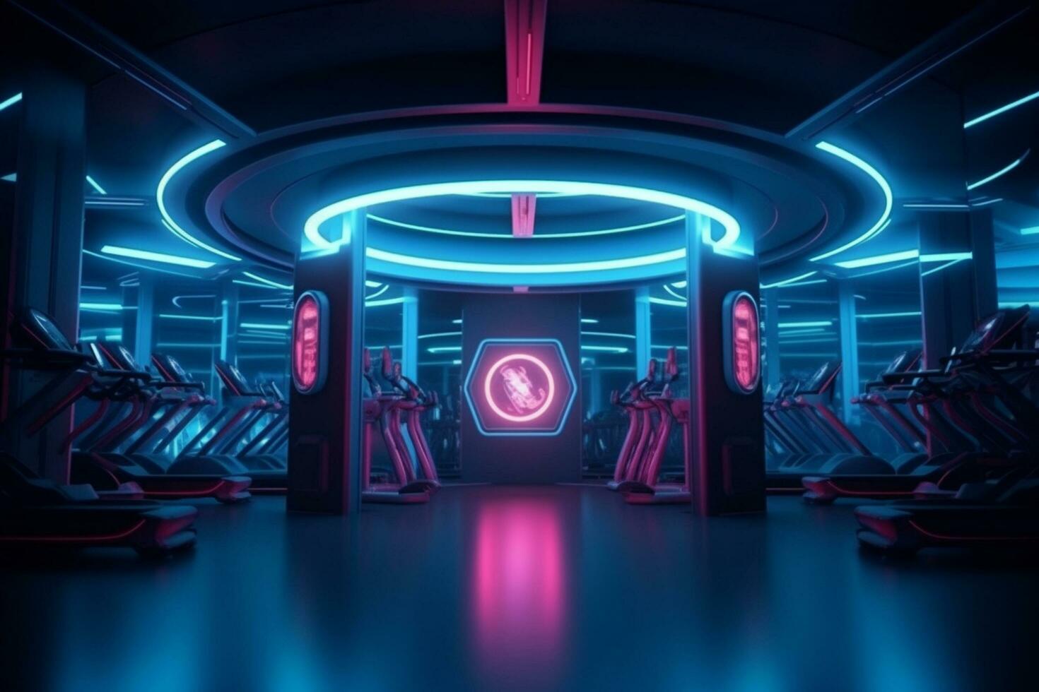 Futuristic gym interior with neon lights. 3D Rendering Ai Generative photo