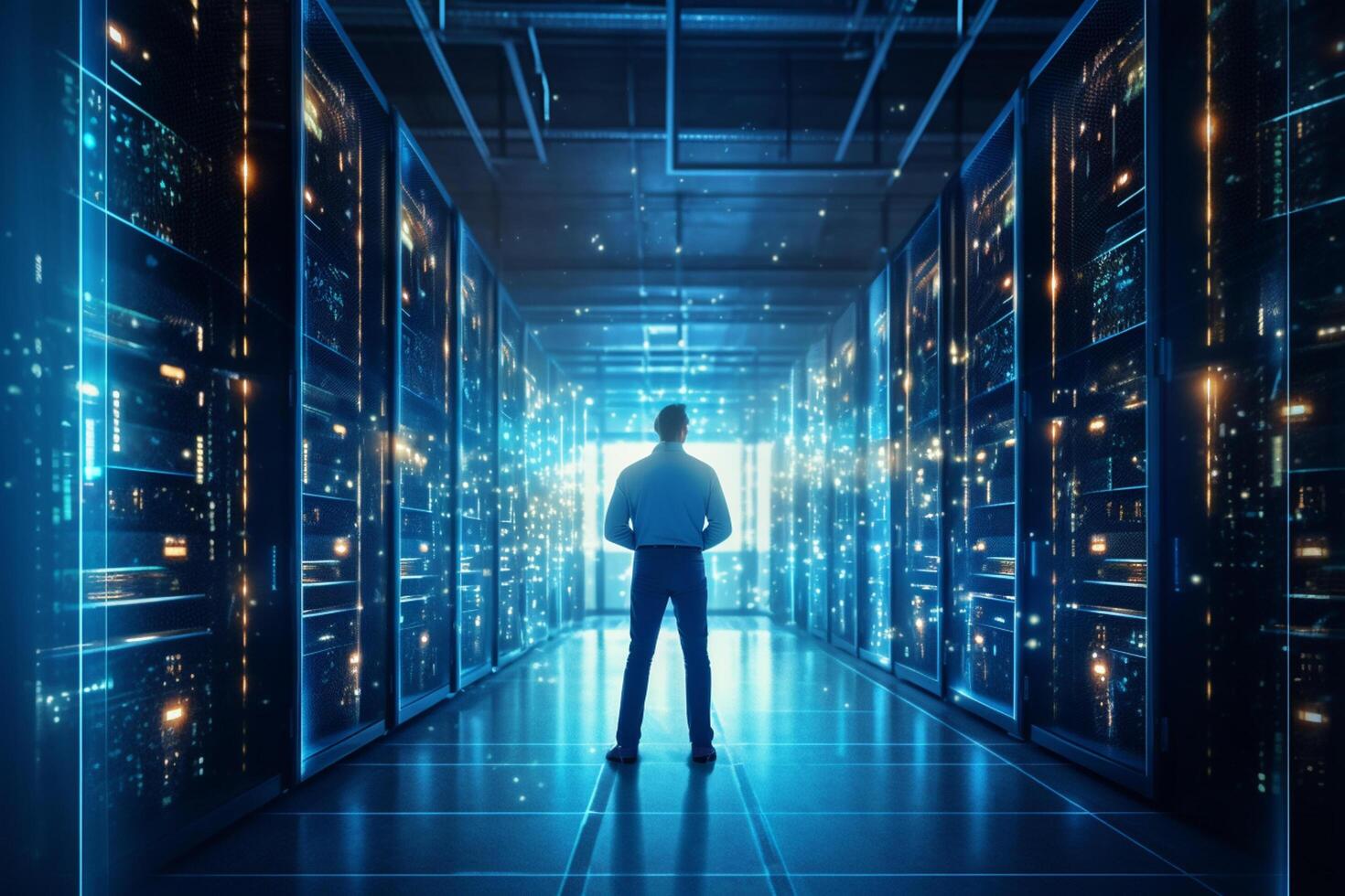 Rear view of businessman standing in server room and looking at data center photo