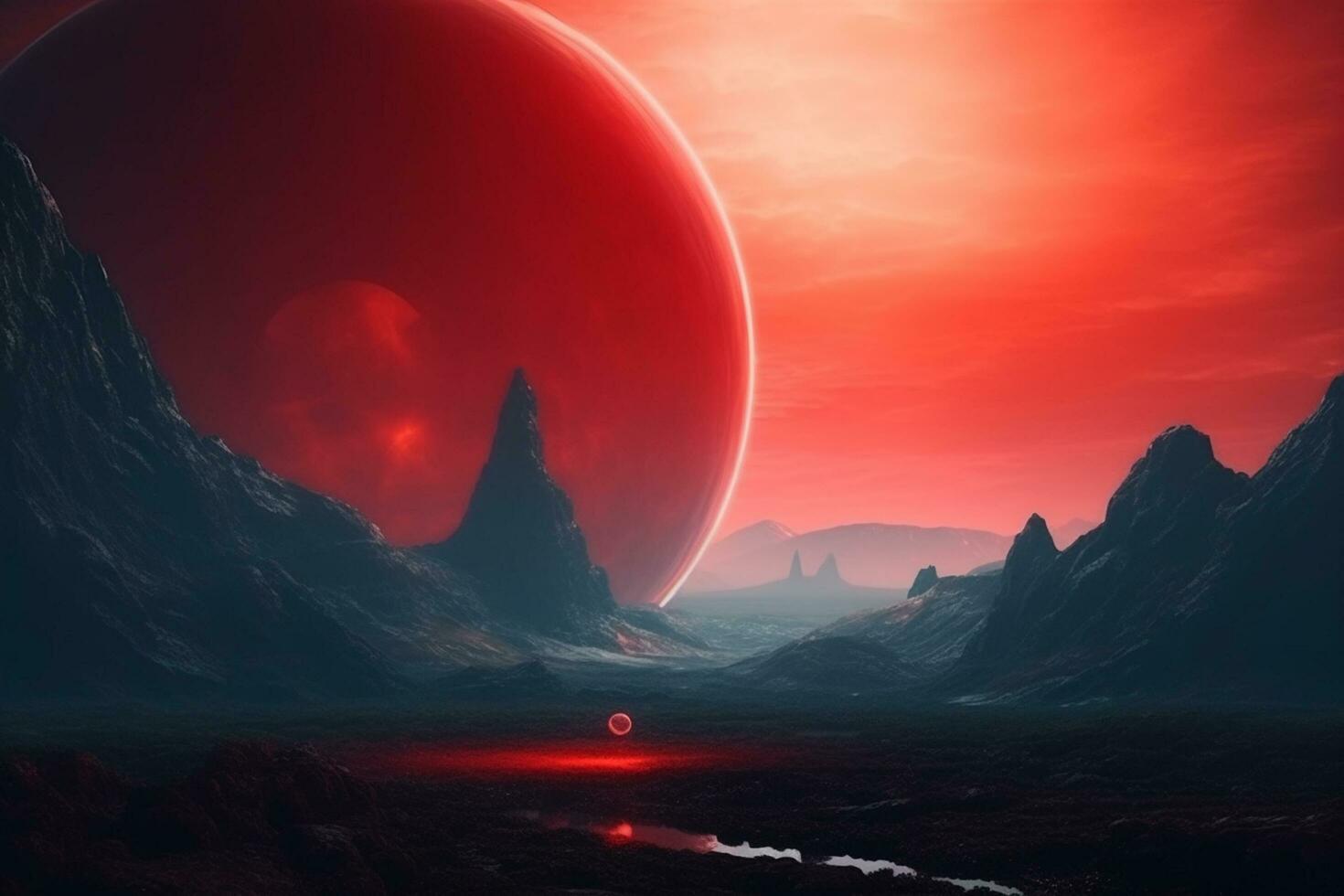 Fantasy alien planet. Mountain and lake. 3D illustration. Ai Generated photo