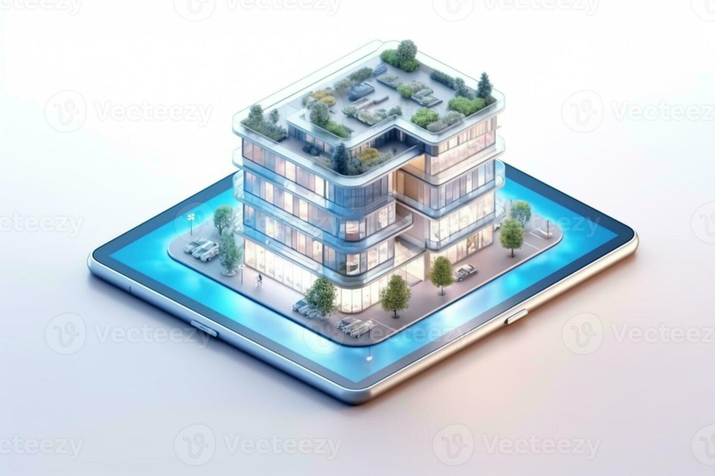Smartphone with model of a house on a white background. 3d rendering photo