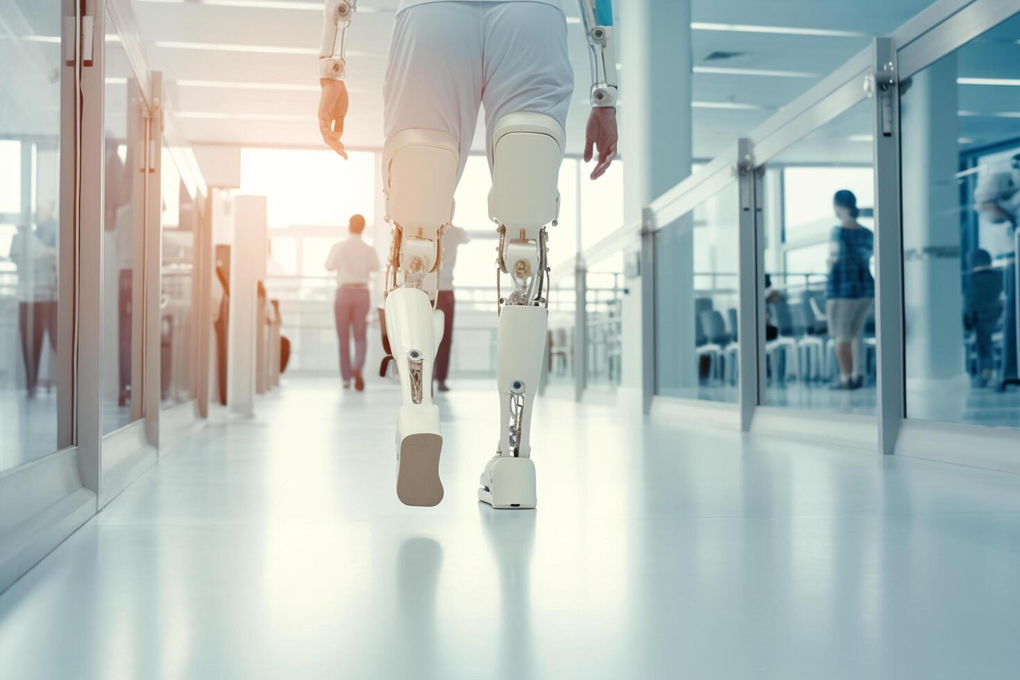 Robot walking on crutches in the hospital, closeup  Ai Generative photo