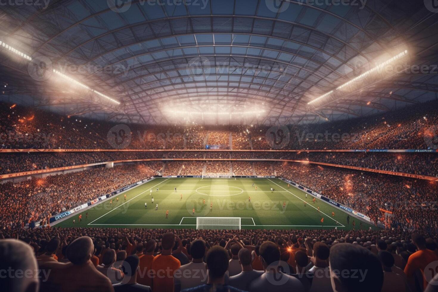 Digital Football or soccer stadium at night with crowd of fans. 3D rendering photo