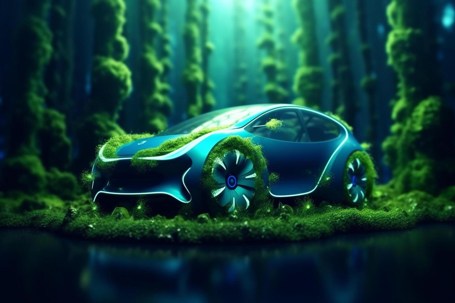 Green eco car on the road in the forest. 3D rendering. photo