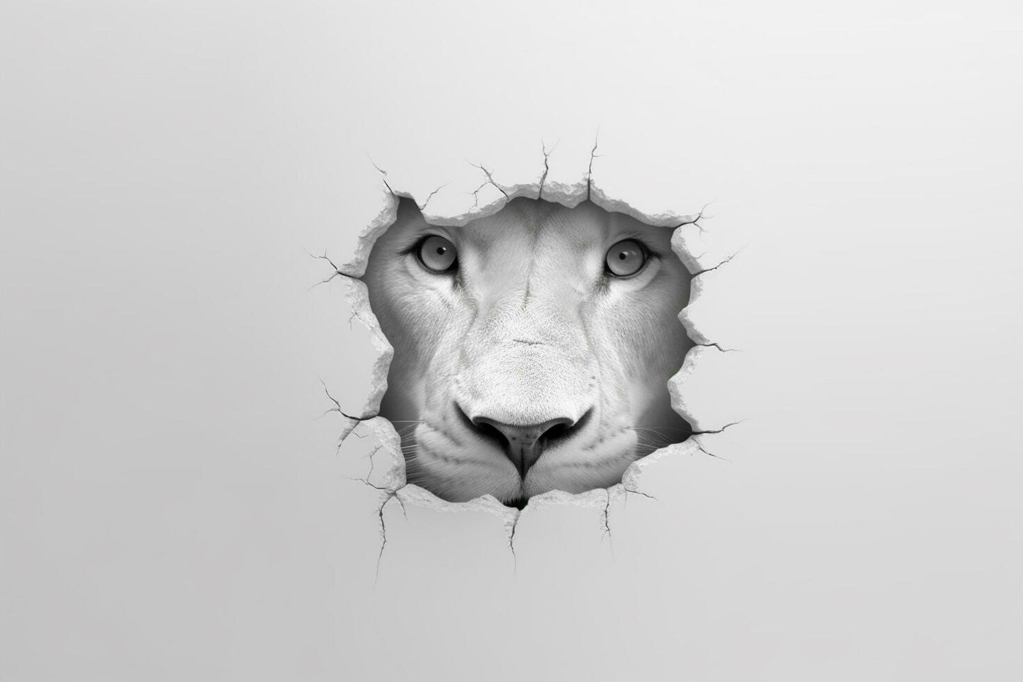 Lion head through a hole in the wall - black and white Ai Generative photo