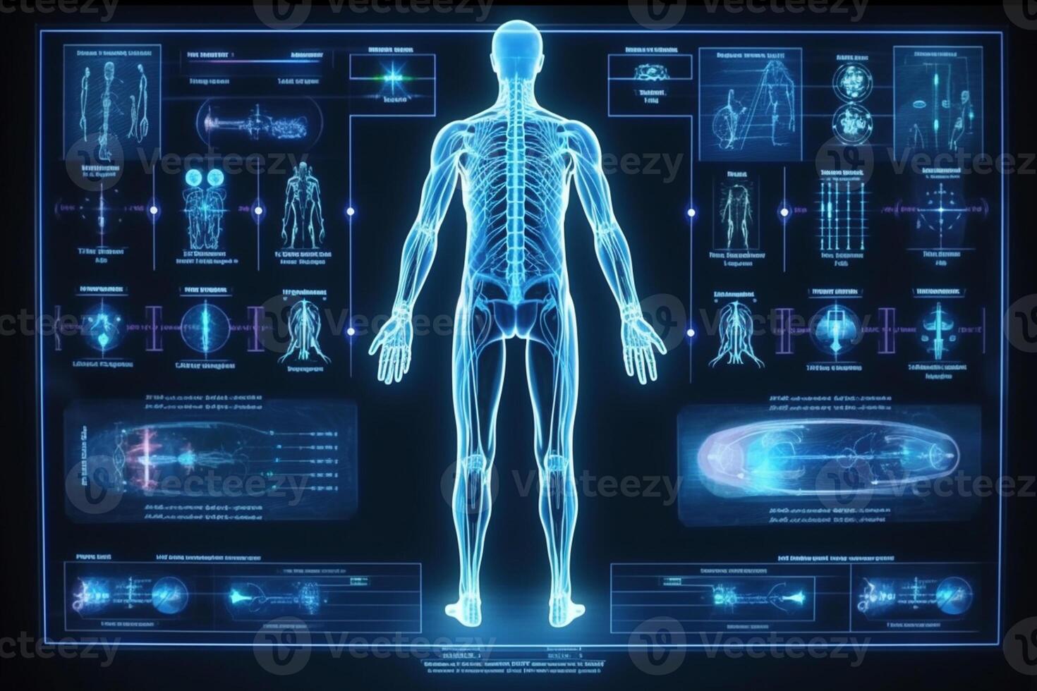 Digital x ray image of human body against blue background with vignette photo