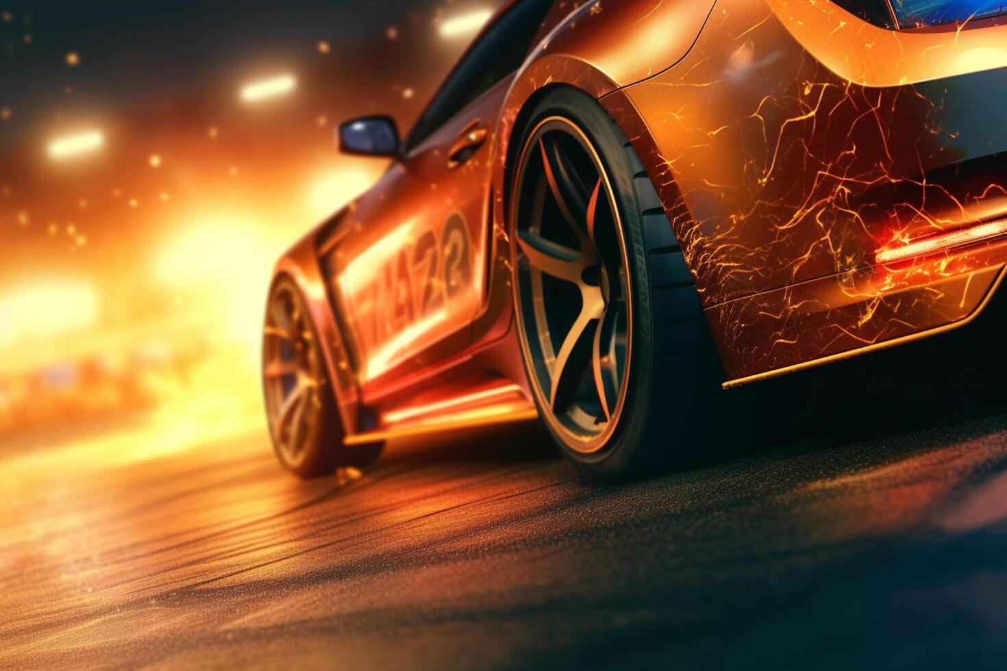 Burning sport car on the road. 3d rendering image. Ai generated photo