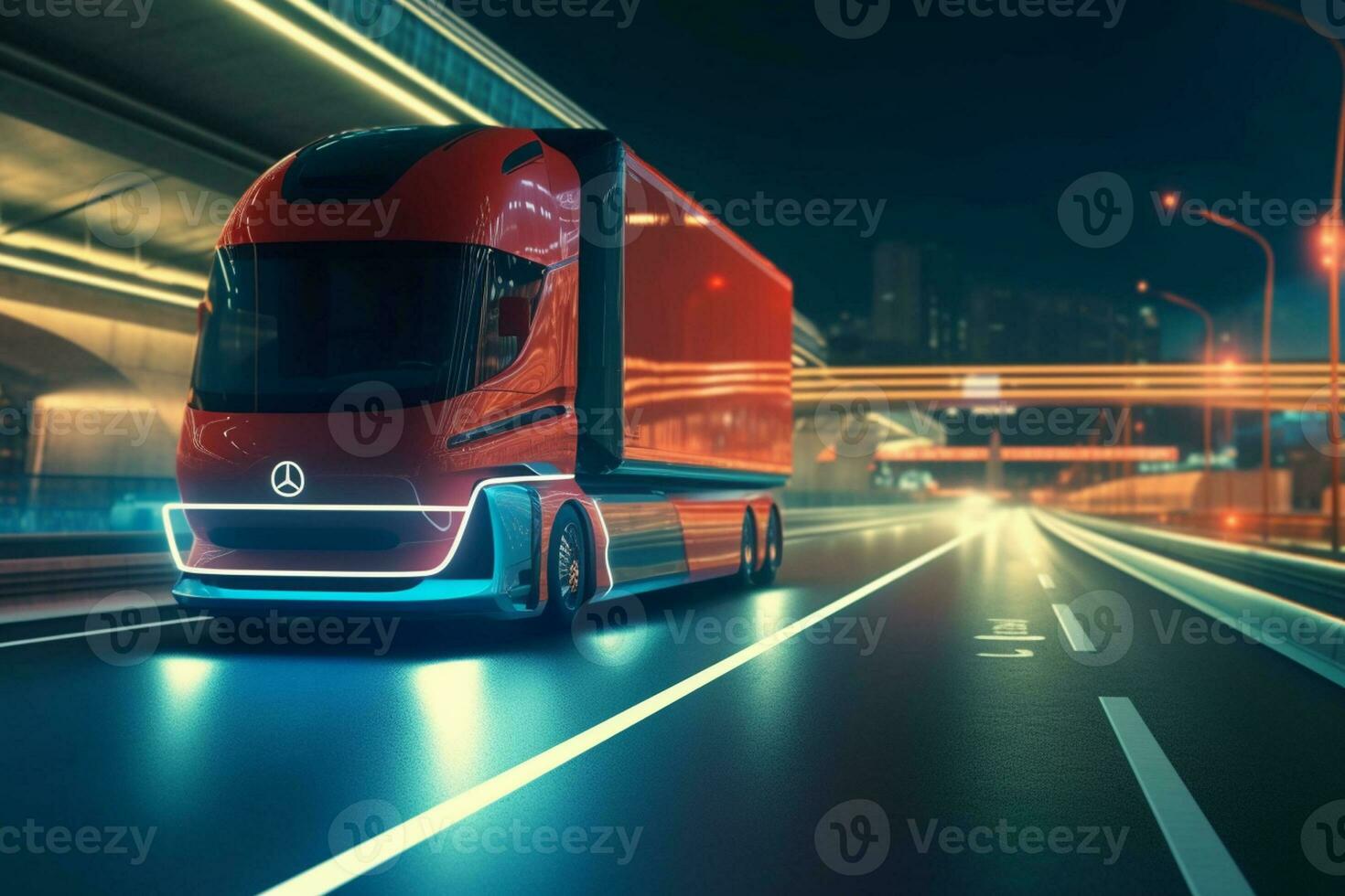 truck on the road with cityscape in the background. 3d rendering photo