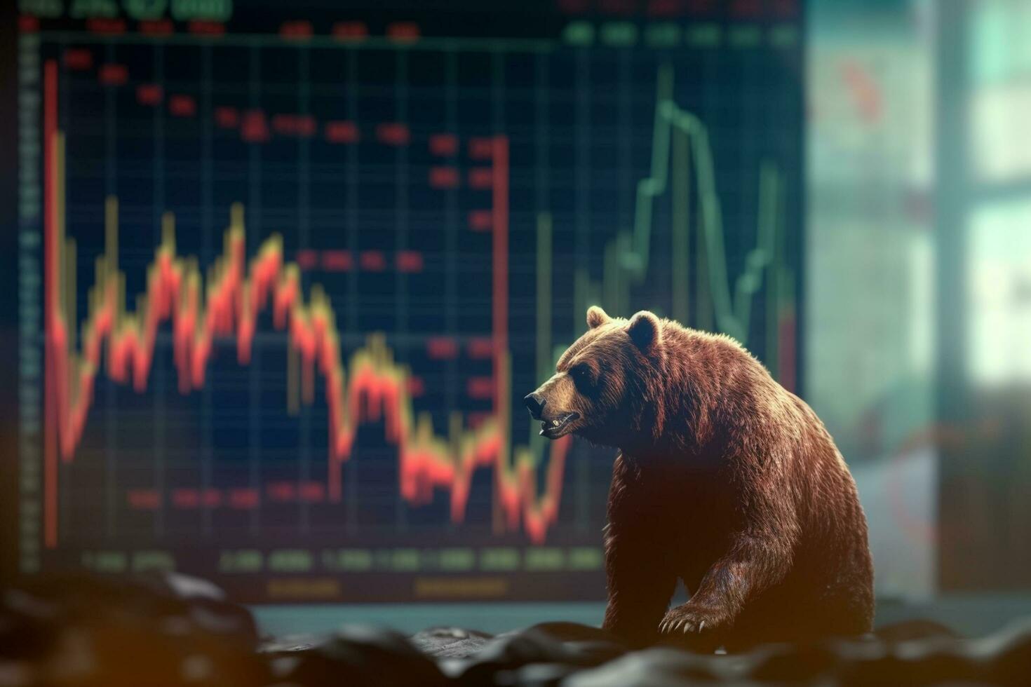 Bear bear on the background of the stock exchange. Stock market concept Ai Generated photo