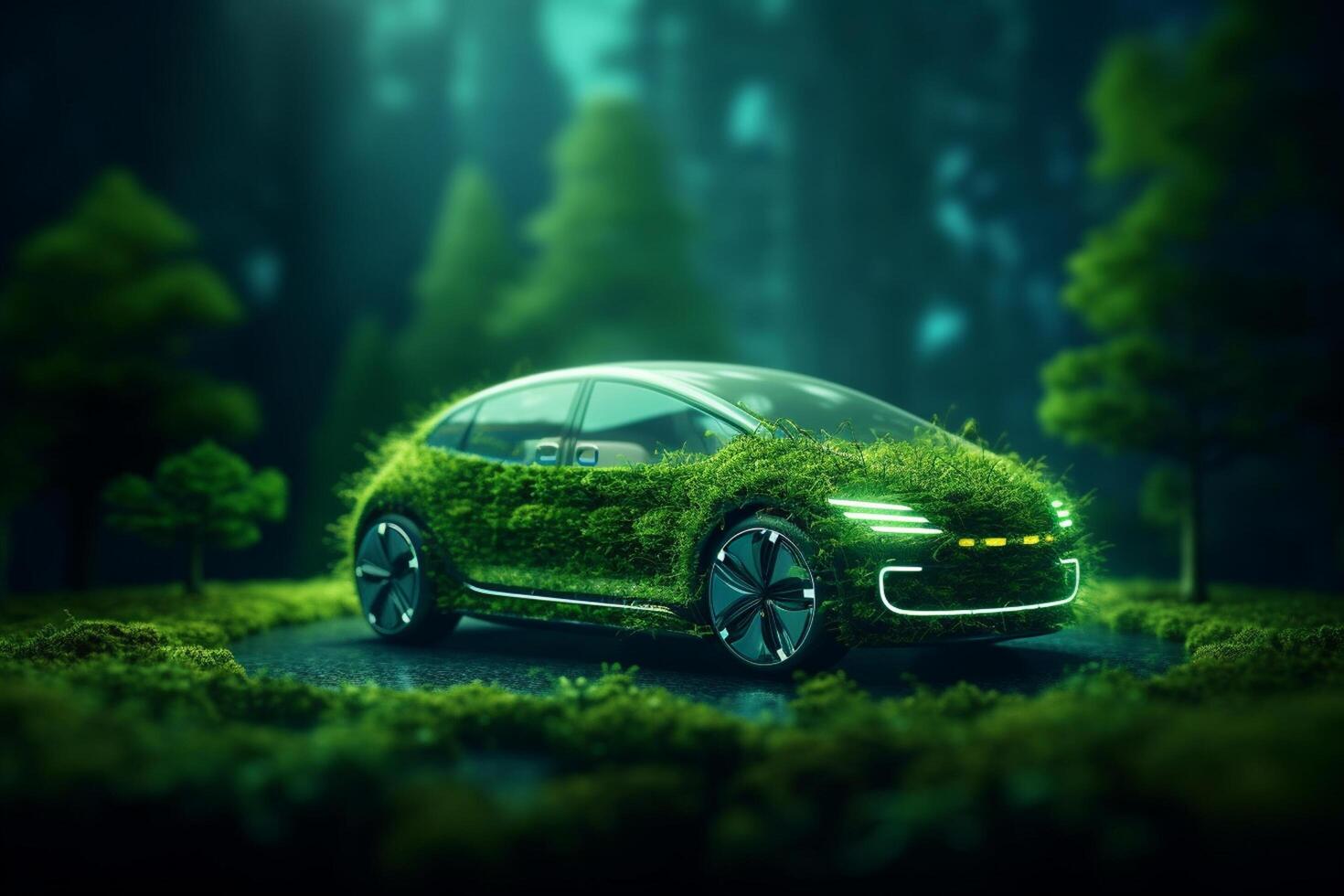 Green eco car on the road in the forest. 3D rendering. photo