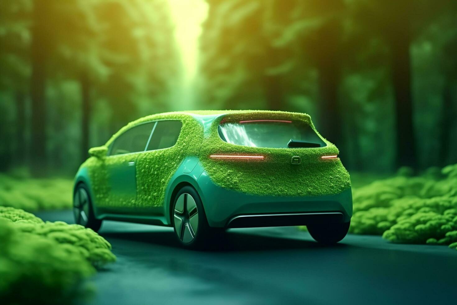 Green car with grass on the road in the forest. 3d rendering Ai Generated photo