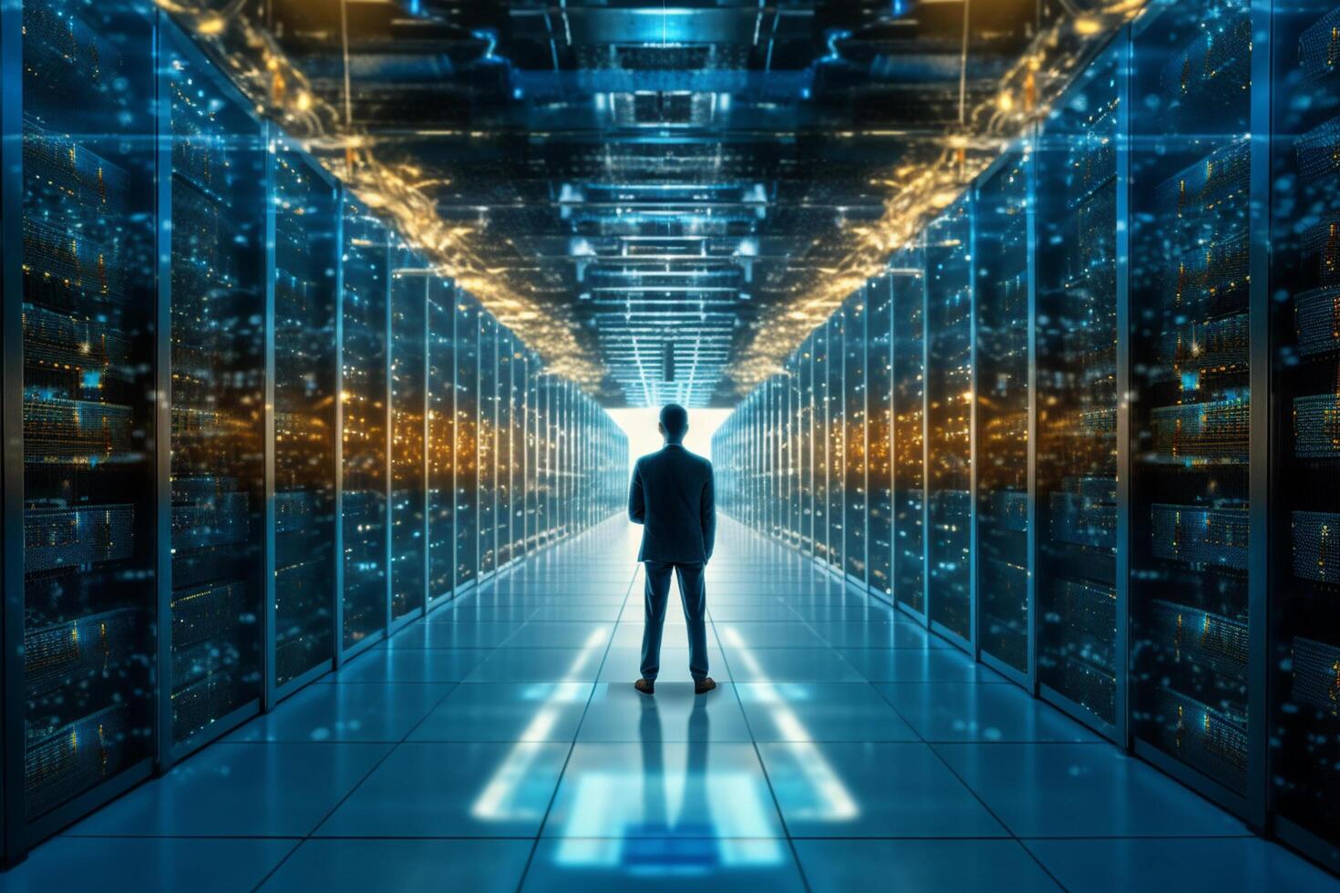 Back view of young man in datacenter server room. Data center concept. photo