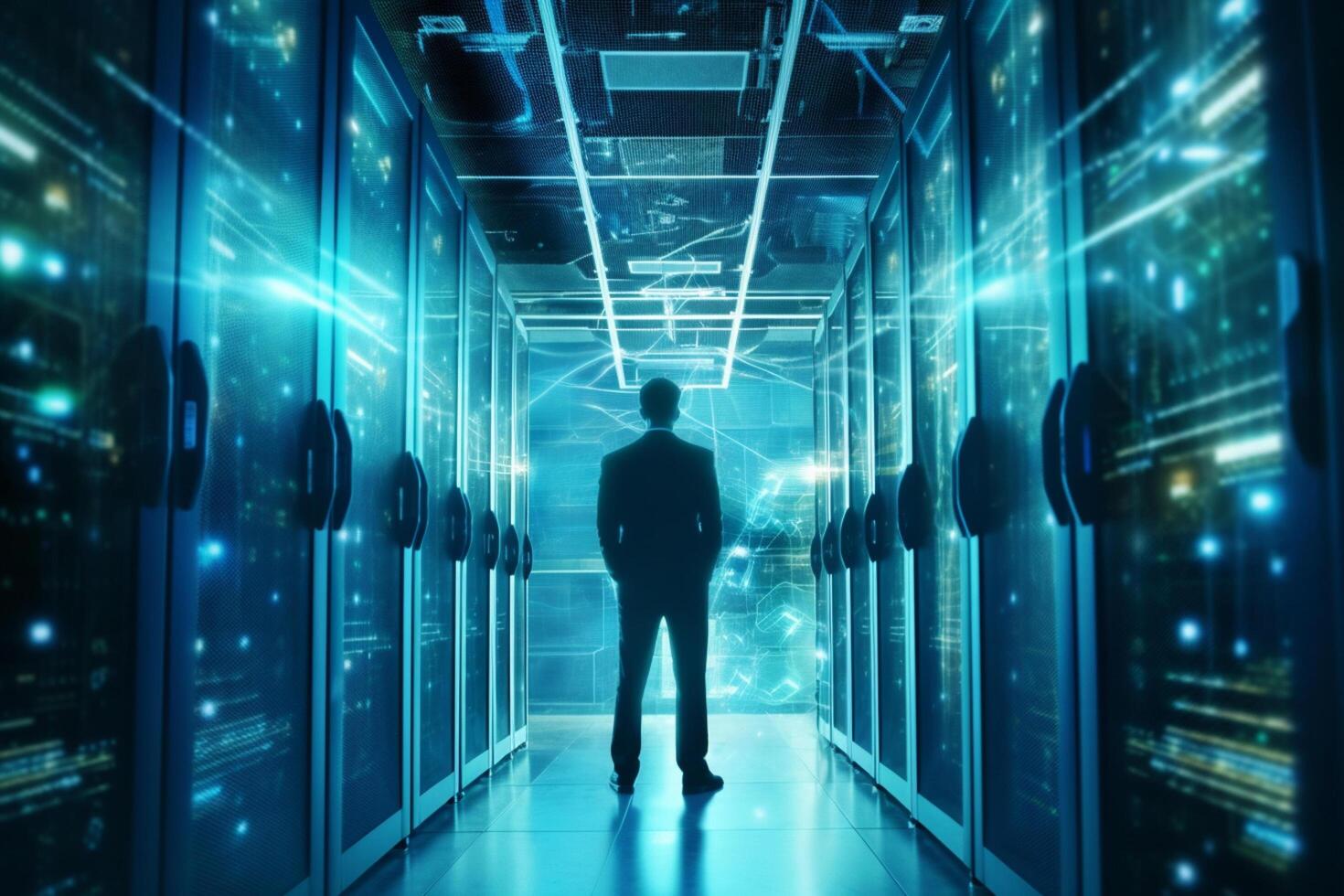Back view of young man in datacenter server room. Data center concept. photo