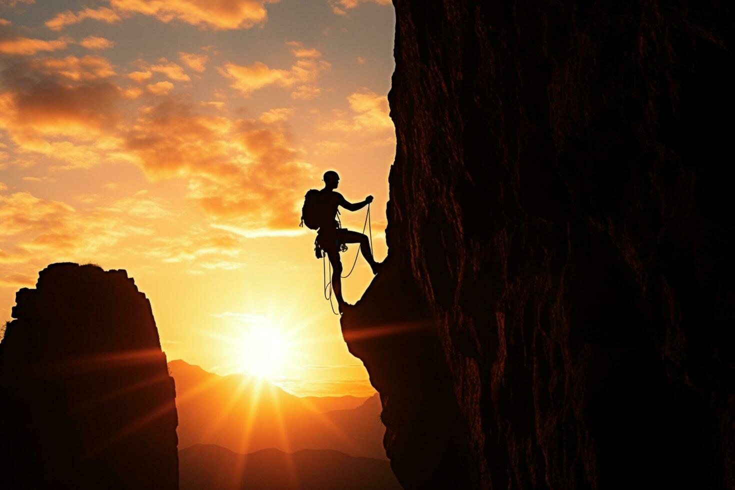 Rock climber reaches for the top of the cliff at sunset.  Ai Generative photo