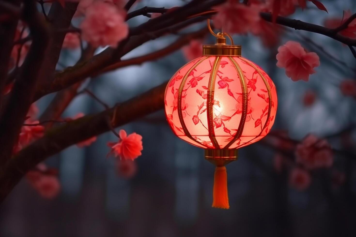 Chinese red lanterns on the background of a blossoming tree in the park photo