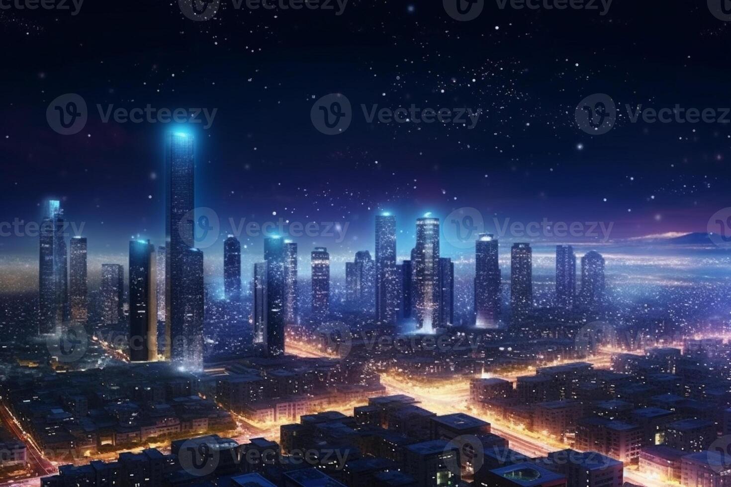 Modern city at night with connection lines on the background. photo
