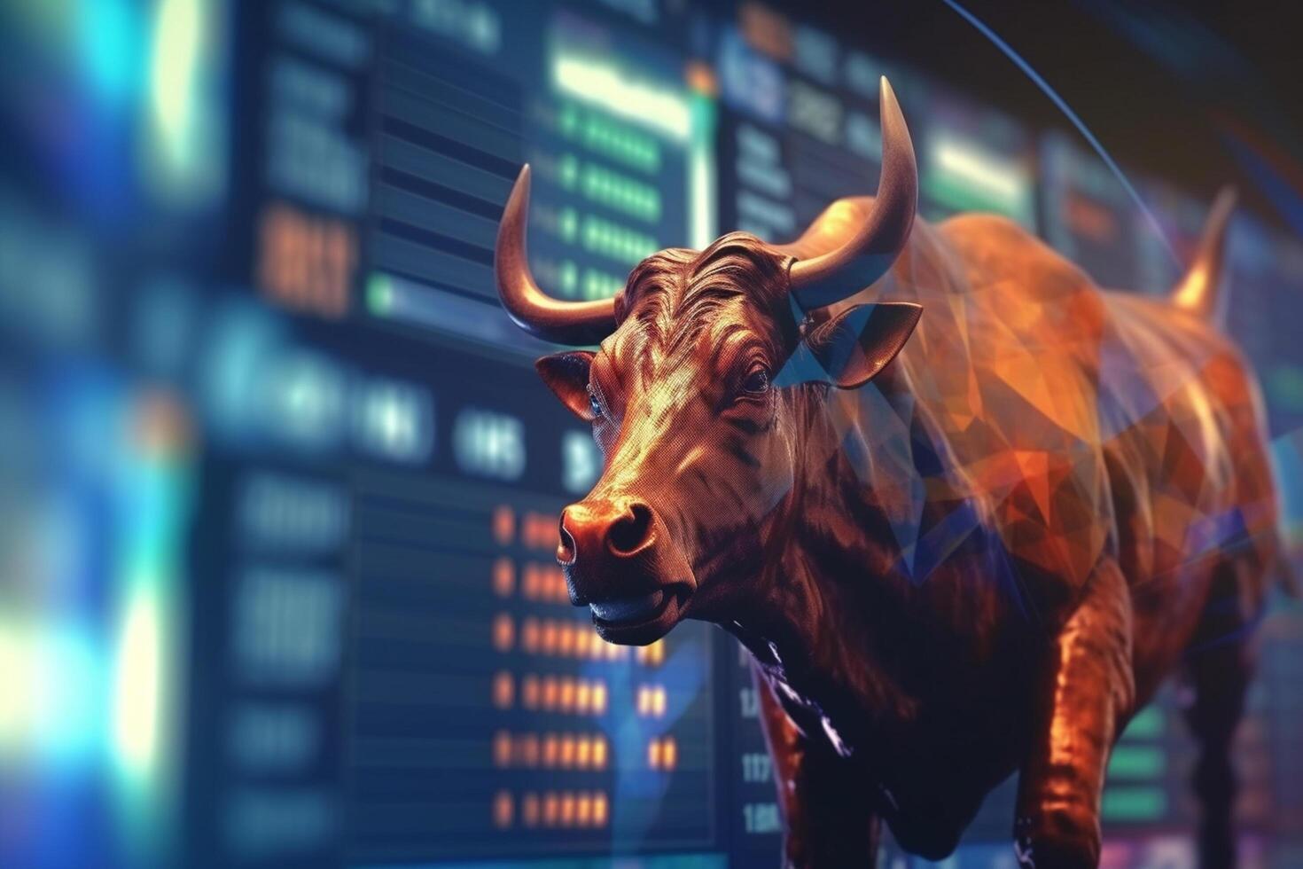 Stock market chart and bull. 3d rendering toned image double exposure photo