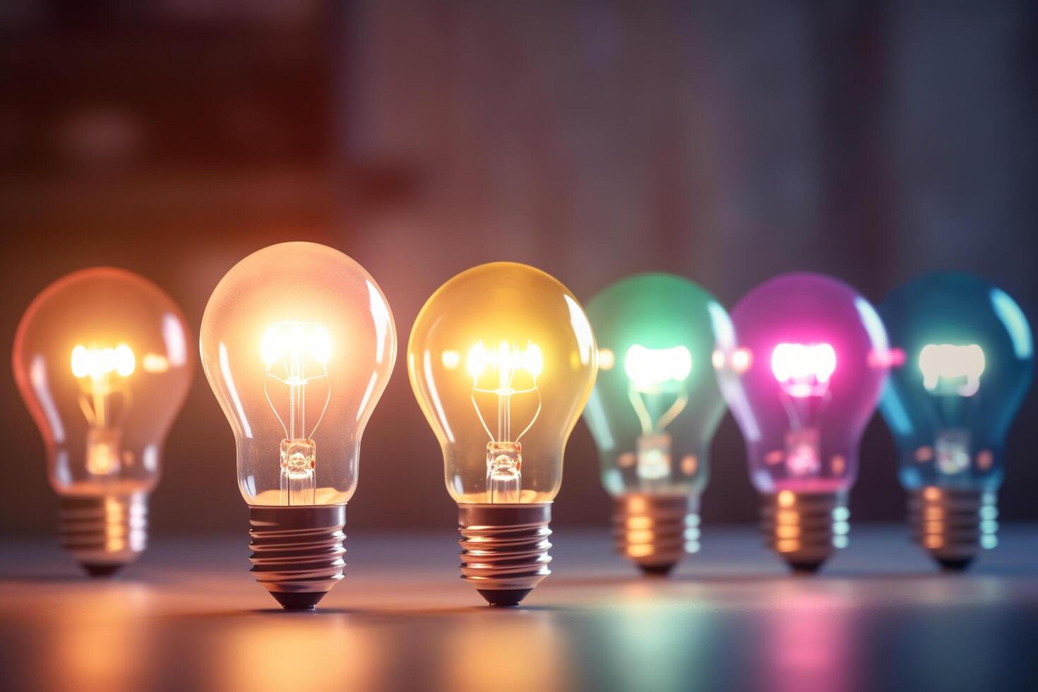 Idea concept with fluorescent light colorful bulbs. 3d render illustration. photo